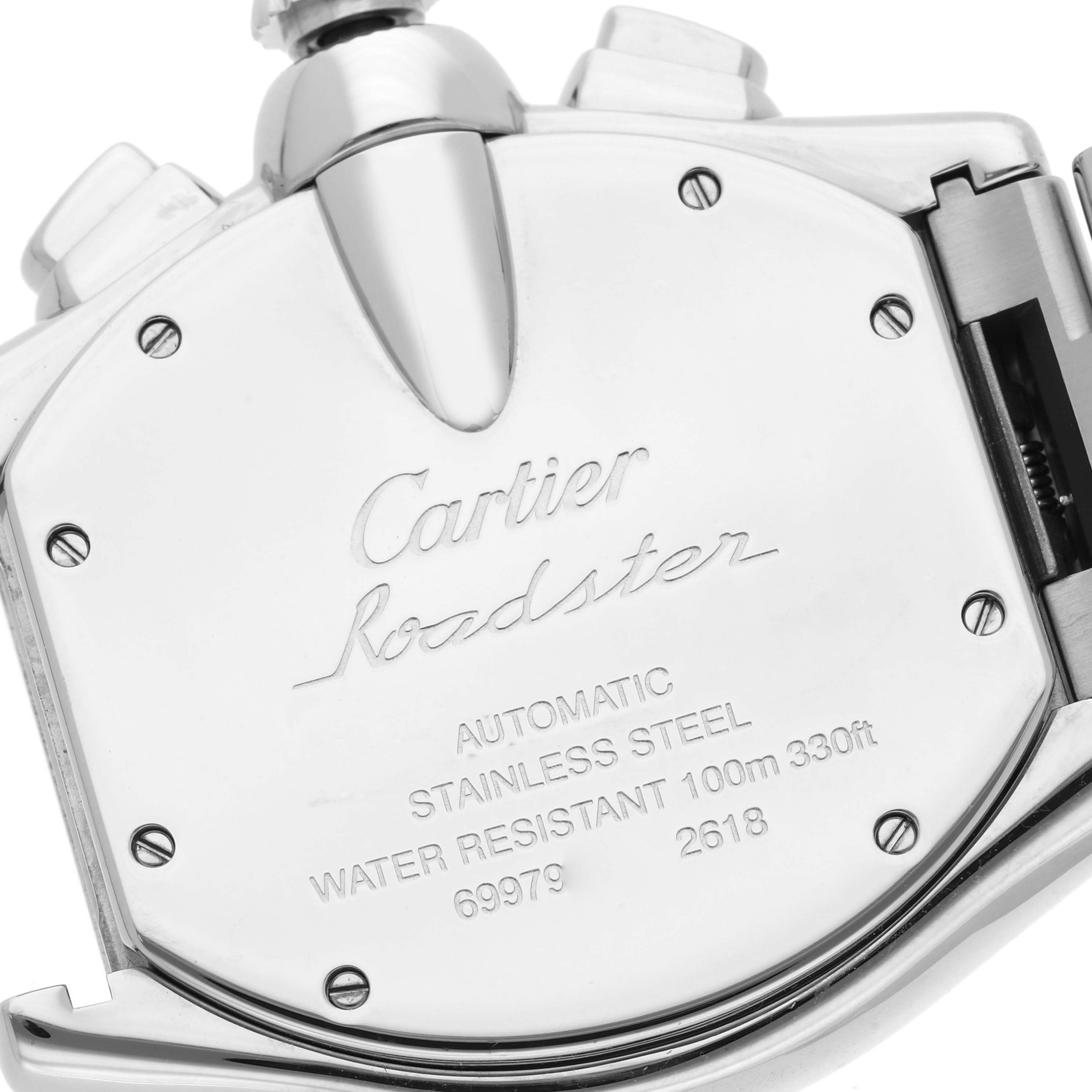 The image shows the back case of a Cartier Roadster W62020X6 Men's Stainless Steel Black Dial W62020X6 Men's Stainless Steel Black Dial watch, displaying its specifications and brand engraving.