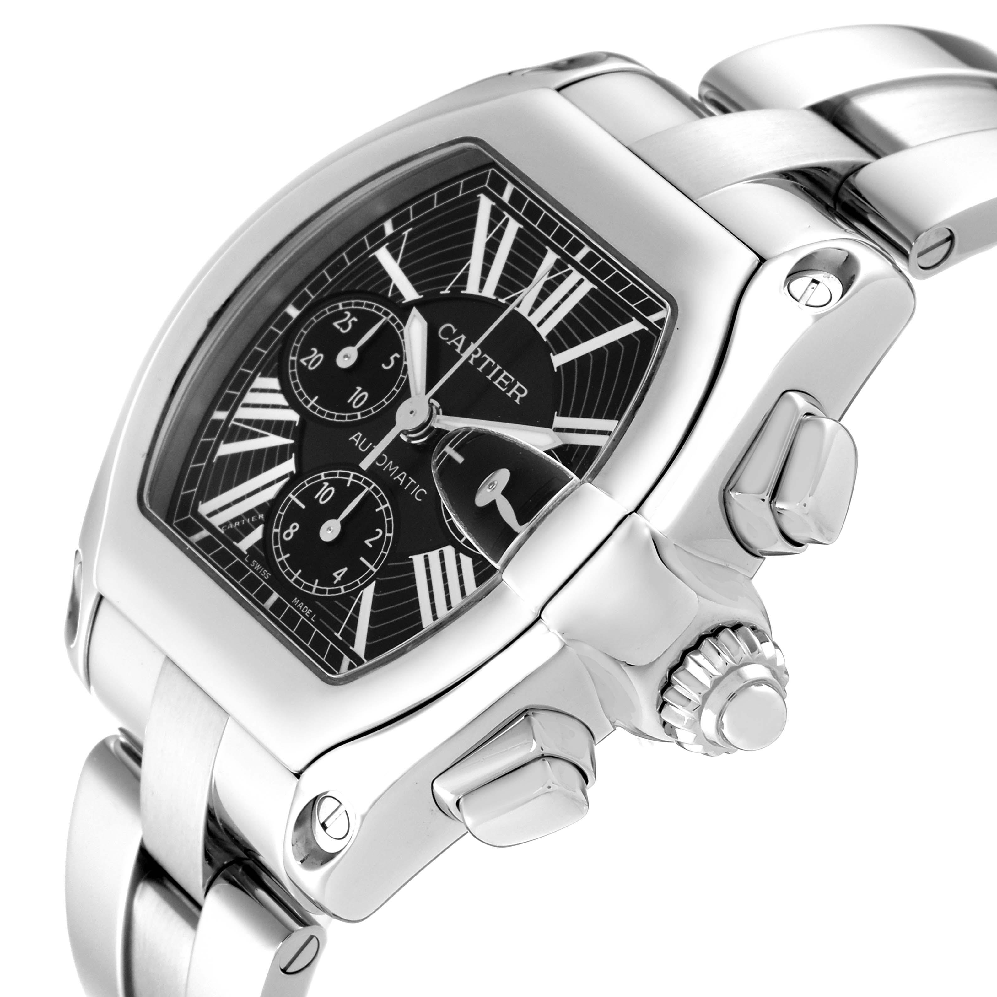 The Cartier Roadster W62020X6 Men's Stainless Steel Black Dial W62020X6 Men's Stainless Steel Black Dial watch is shown at a three-quarter angle highlighting the face, crown, and part of the bracelet.