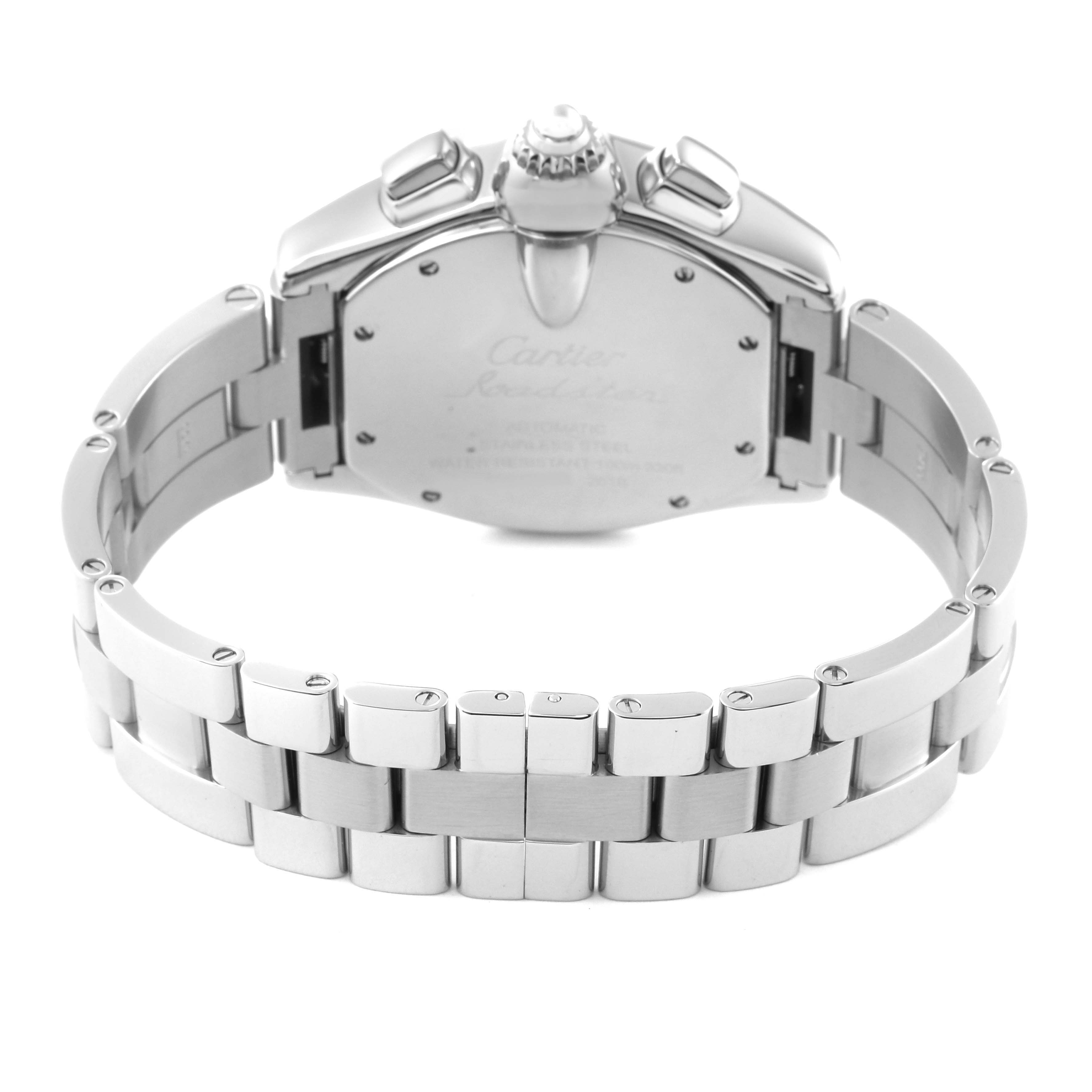 This image shows the back case, crown, and bracelet of the Cartier Roadster W62020X6 Men's Stainless Steel Black Dial W62020X6 Men's Stainless Steel Black Dial watch at a straight-on rear angle.