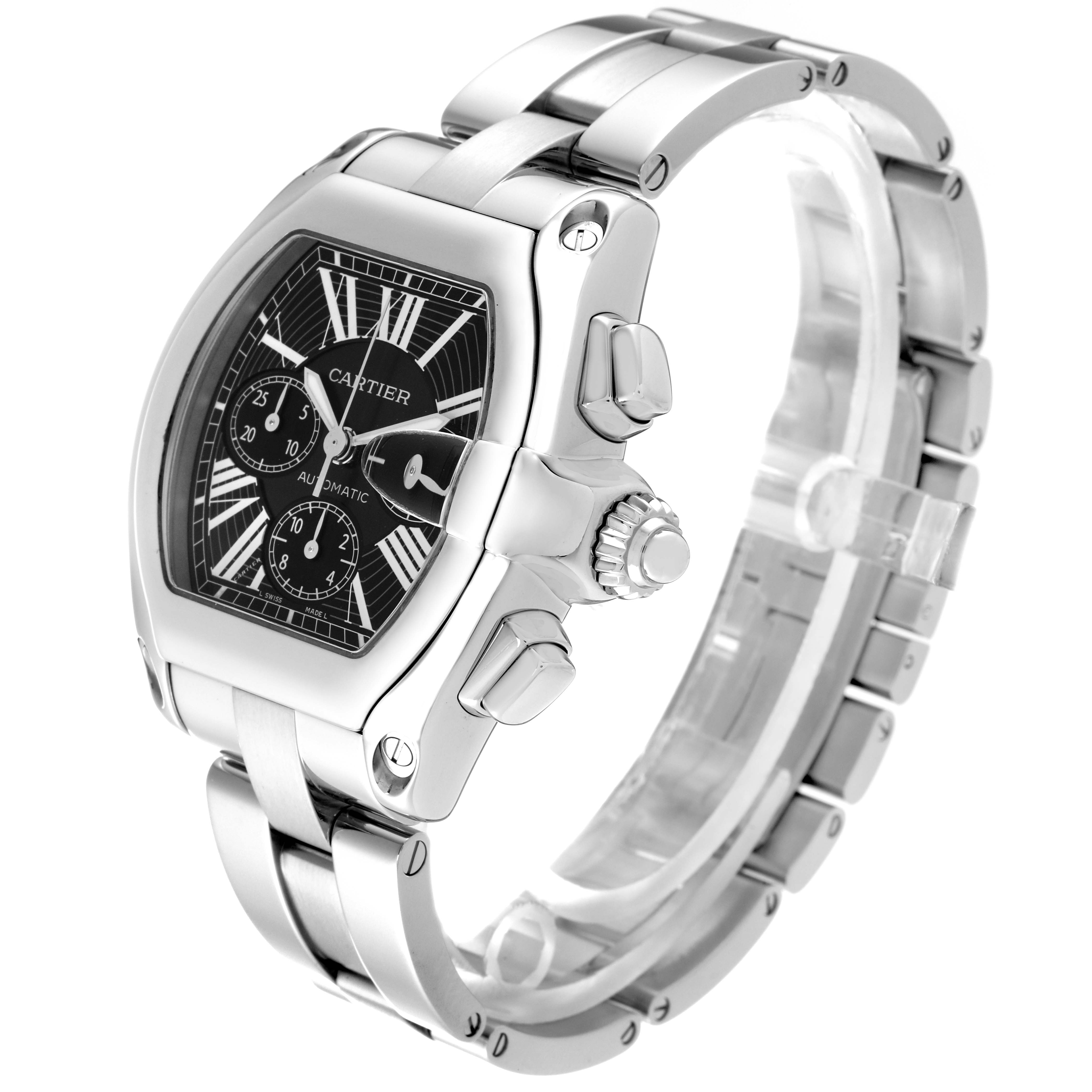 The Cartier Roadster W62020X6 Men's Stainless Steel Black Dial W62020X6 Men's Stainless Steel Black Dial watch is shown at an angle highlighting the face, side buttons, crown, and bracelet.