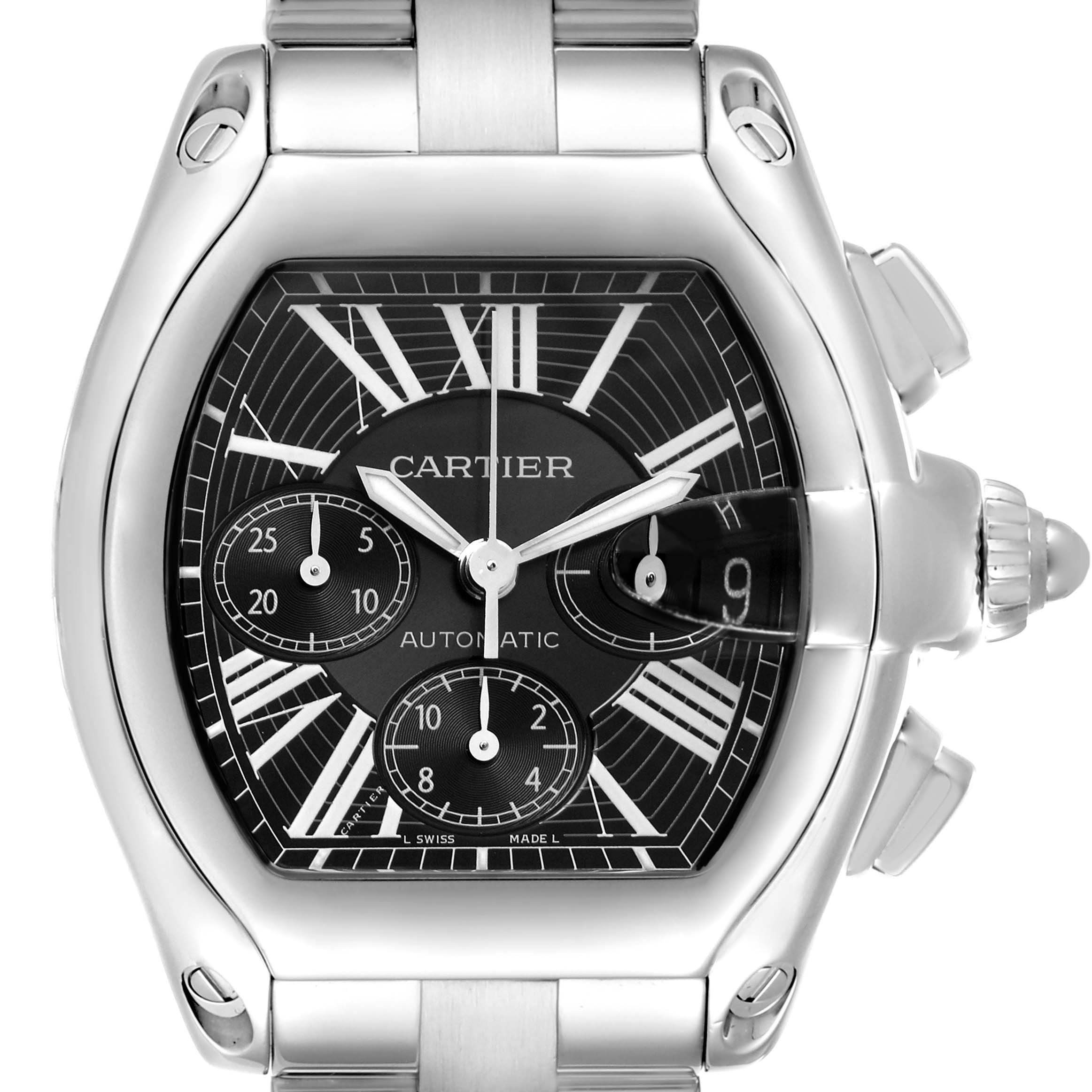 The image shows a frontal view of the Cartier Roadster W62020X6 Men's Stainless Steel Black Dial W62020X6 Men's Stainless Steel Black Dial watch, displaying its dial, hands, subdials, and crown.