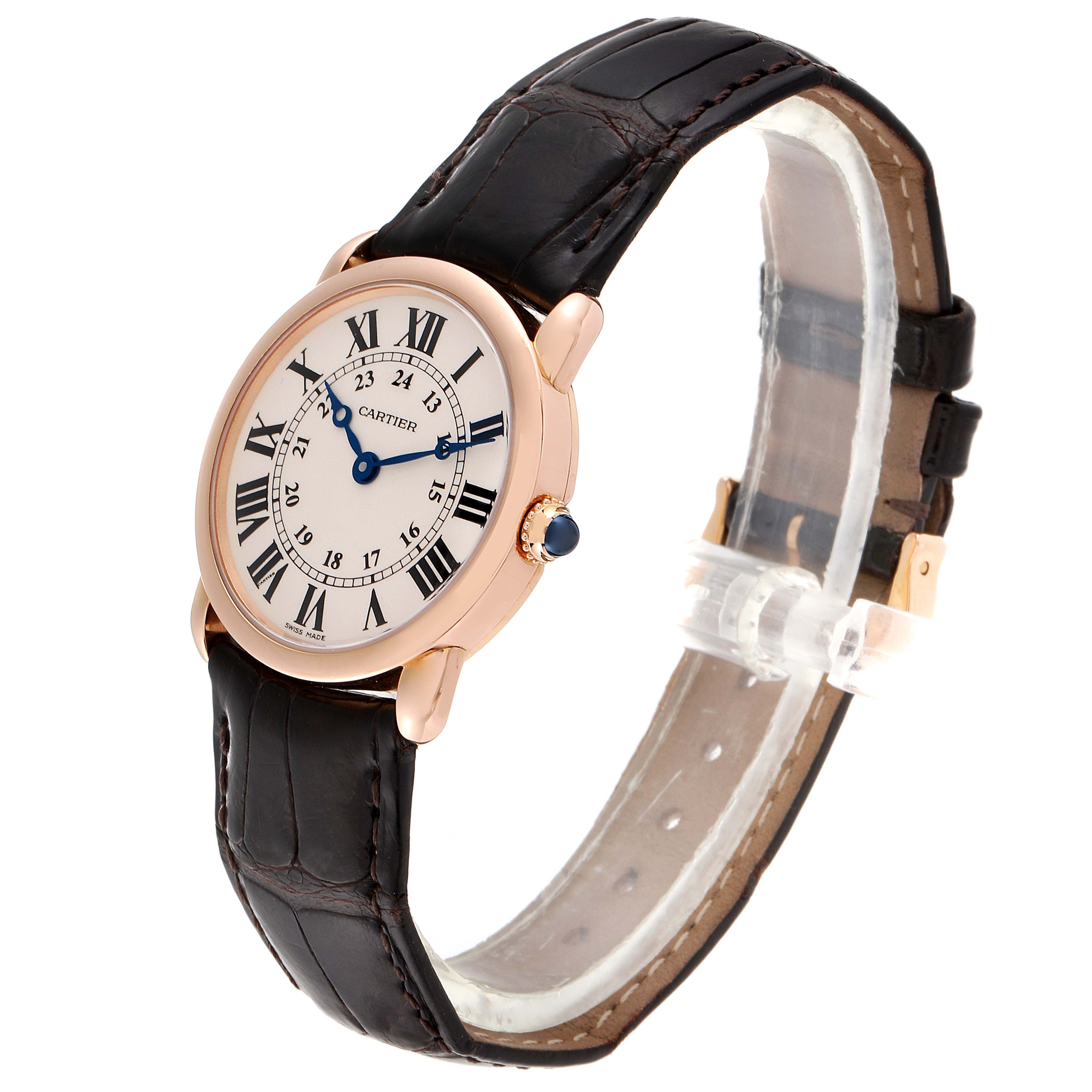 This image shows a Cartier Tank Louis W6800151 Women's Rose Gold Silver Dial W6800151 Women's Rose Gold Silver Dial watch at an angle highlighting the face, Roman numerals, and leather strap.