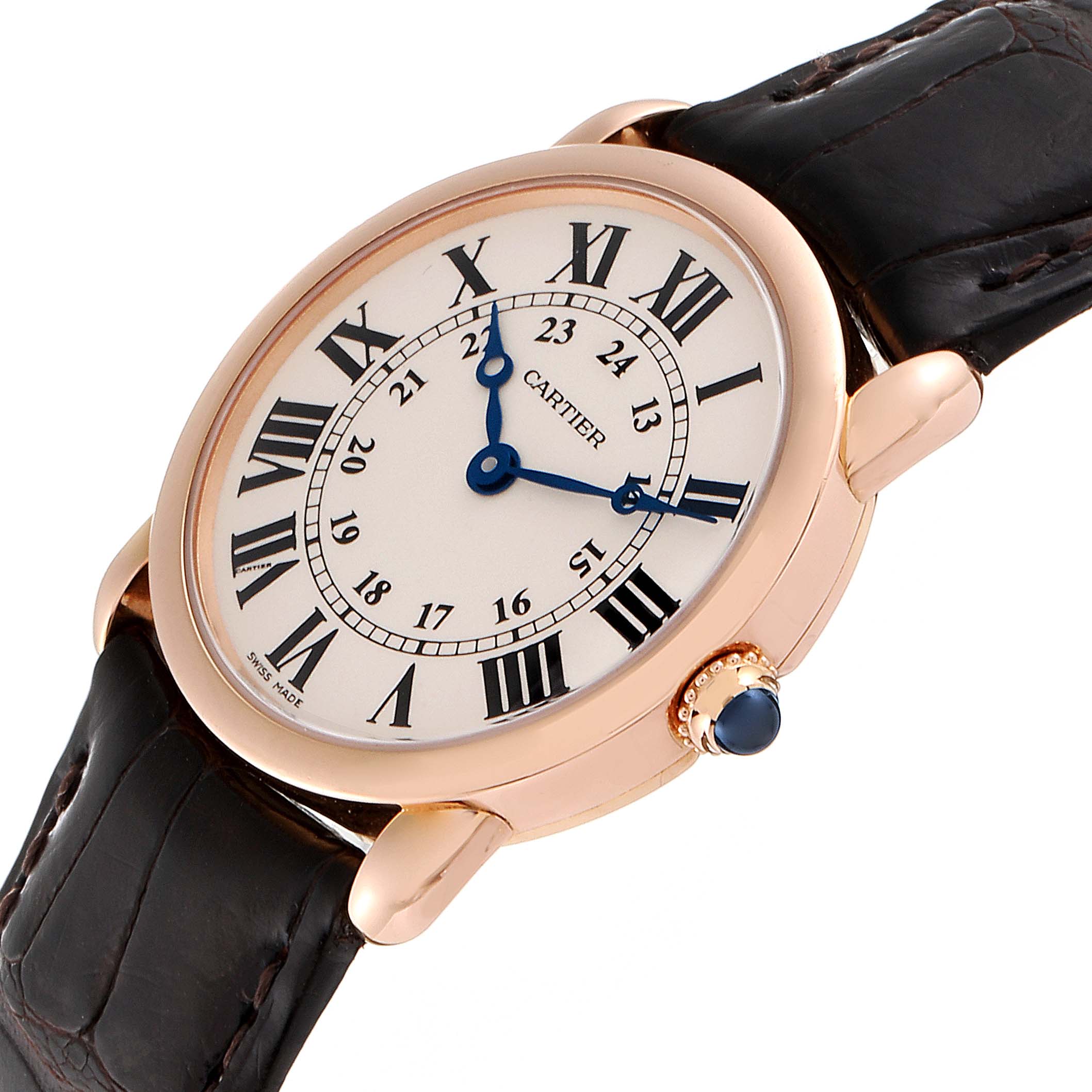 The image shows a Cartier Tank Louis W6800151 Women's Rose Gold Silver Dial W6800151 Women's Rose Gold Silver Dial watch from a front angle, highlighting its dial, case, crown, and leather strap.