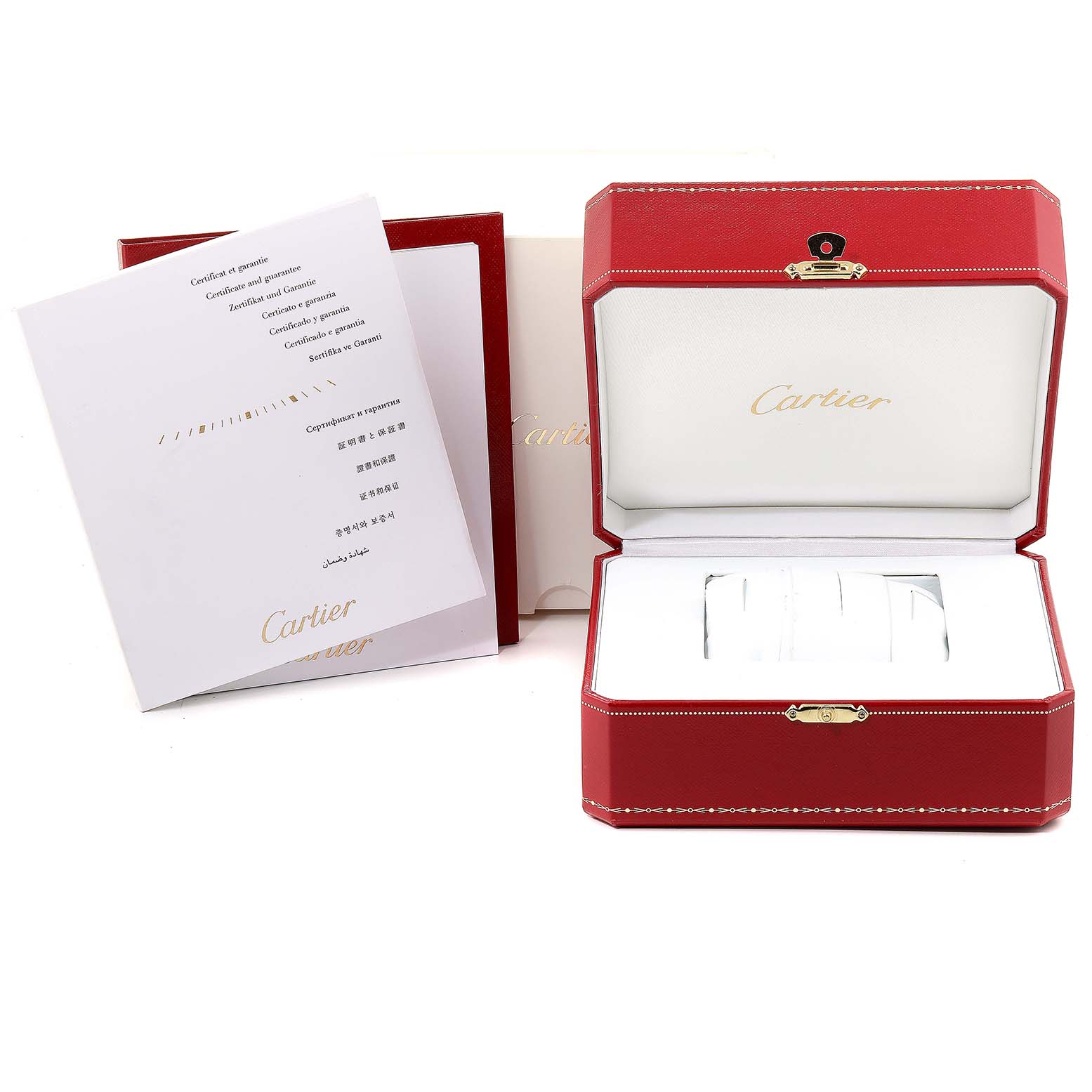 The image shows the packaging and certificates for a Cartier Tank Louis W6800151 Women's Rose Gold Silver Dial W6800151 Women's Rose Gold Silver Dial watch, with the box open and papers beside it.