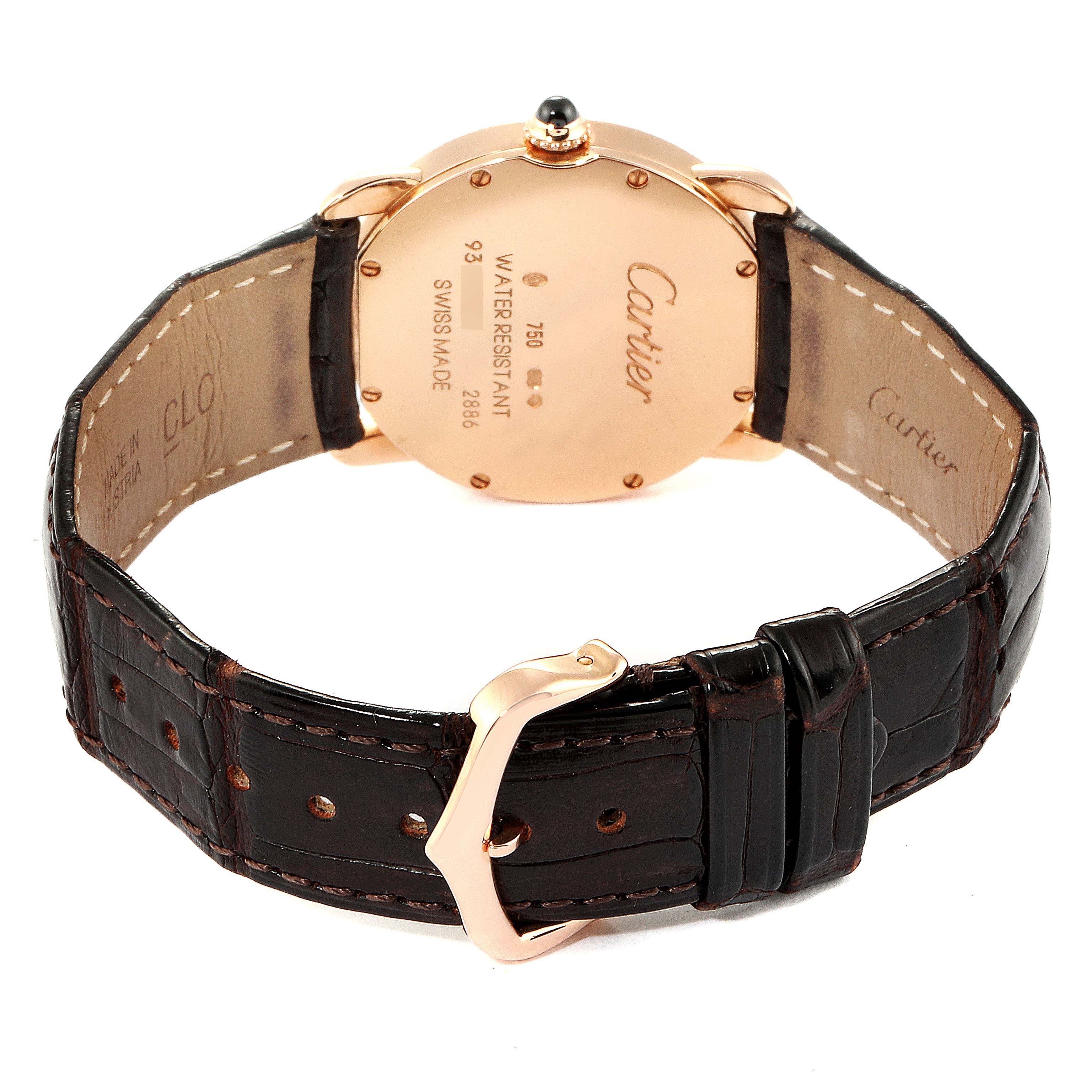 The image shows the back case and brown leather strap with buckle of a Cartier Tank Louis W6800151 Women's Rose Gold Silver Dial W6800151 Women's Rose Gold Silver Dial watch.