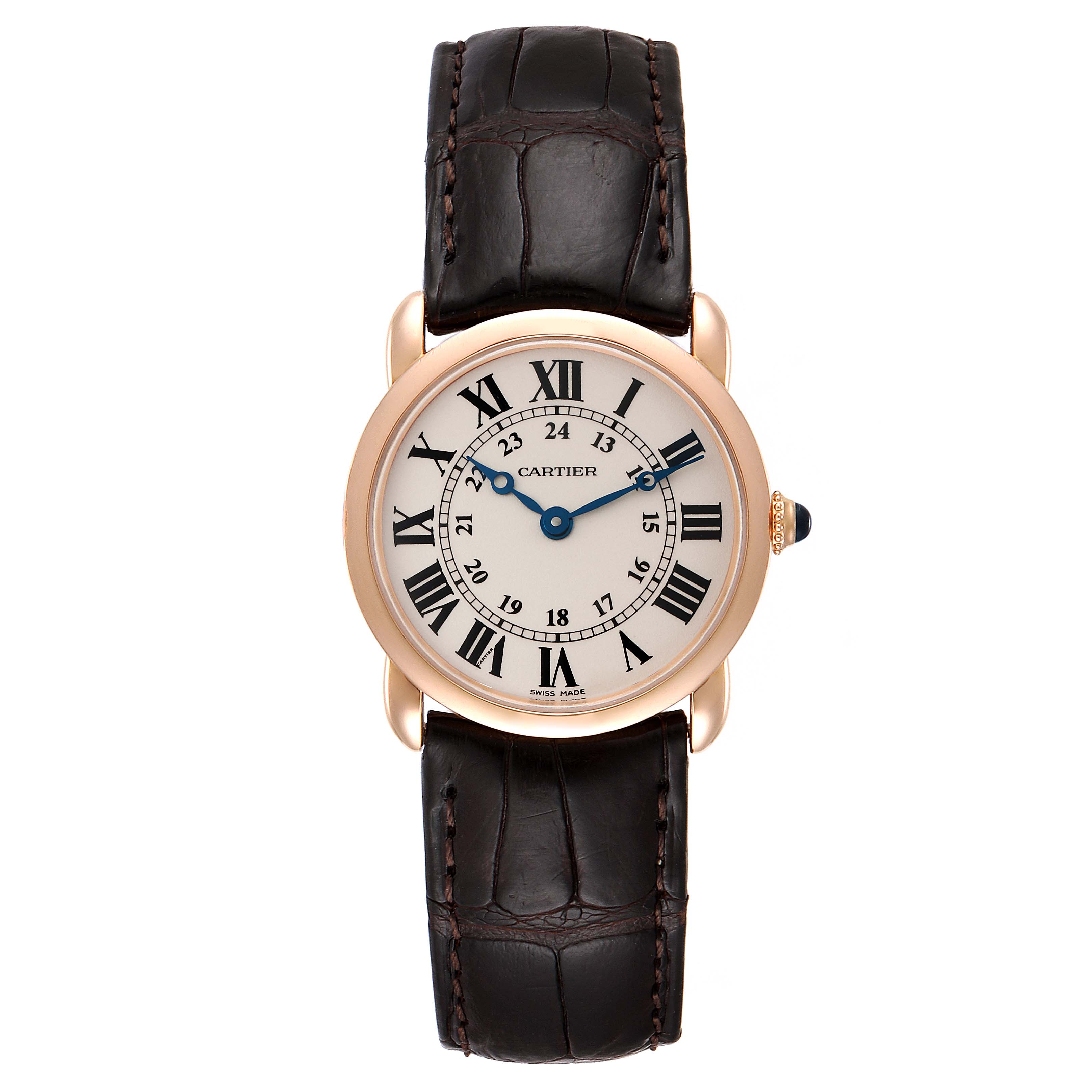 This Cartier Tank Louis W6800151 Women's Rose Gold Silver Dial W6800151 Women's Rose Gold Silver Dial watch is shown from a top-down angle, revealing the face, strap, Roman numerals, and blue hands.
