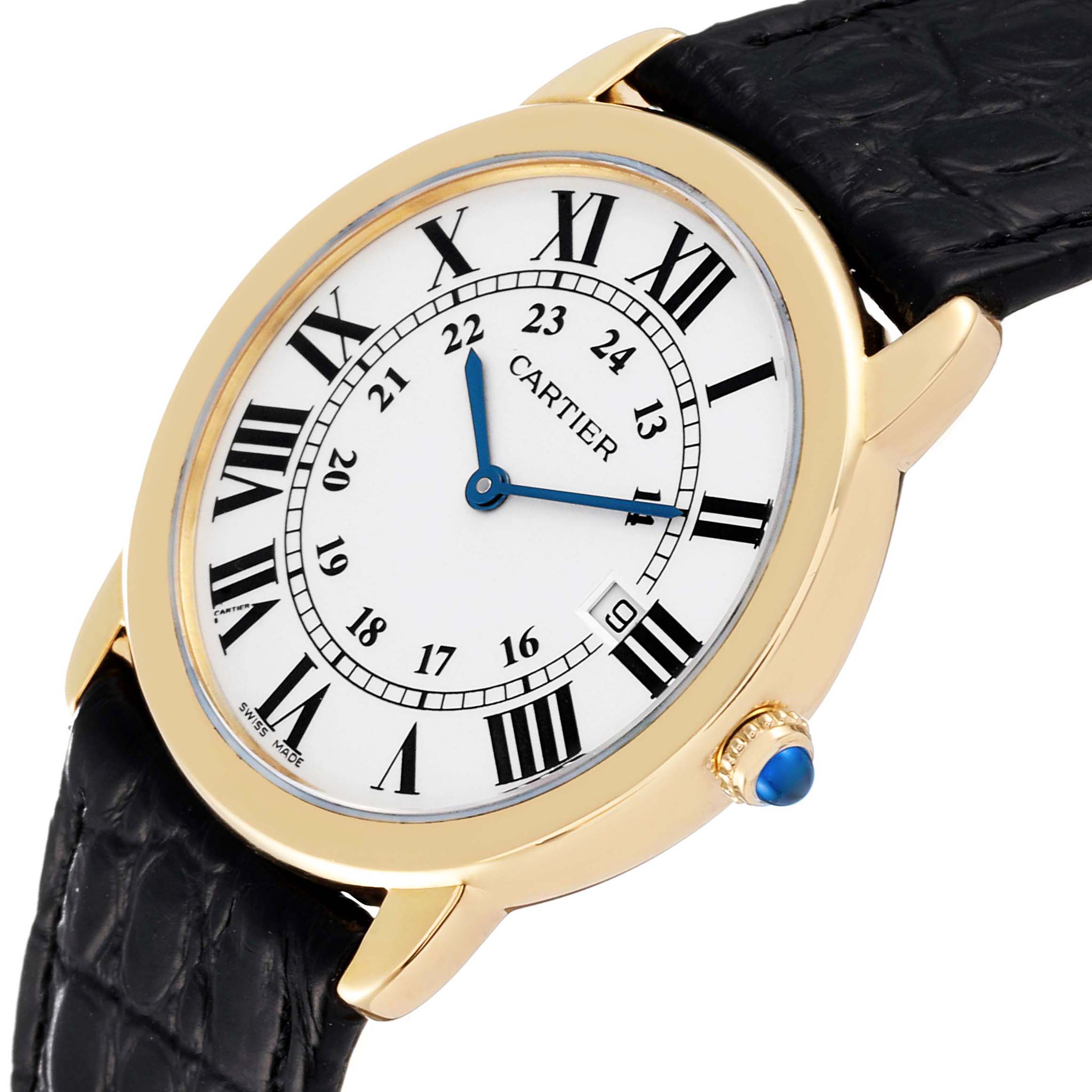 This image shows a Cartier Ronde W6700455 Men's Yellow Gold Silver Dial W6700455 Men's Yellow Gold Silver Dial watch at an angle, highlighting its face, bezel, crown, and leather strap.