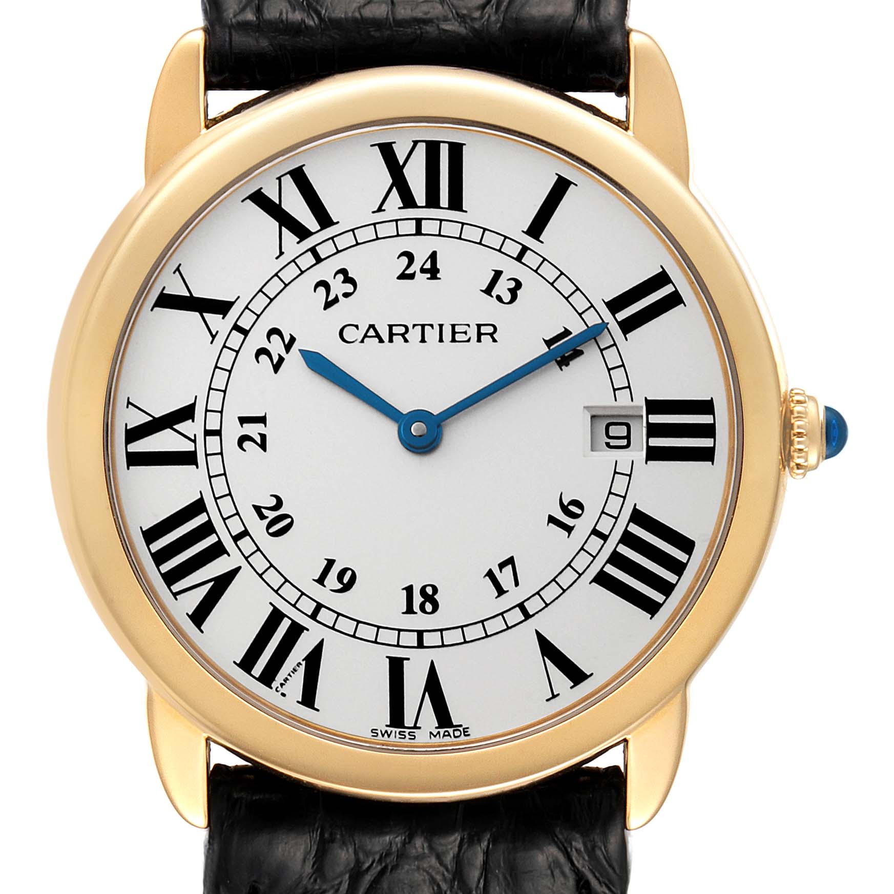 The image shows a front view of the Cartier Ronde W6700455 Men's Yellow Gold Silver Dial W6700455 Men's Yellow Gold Silver Dial watch, highlighting its dial, leather strap, and crown.