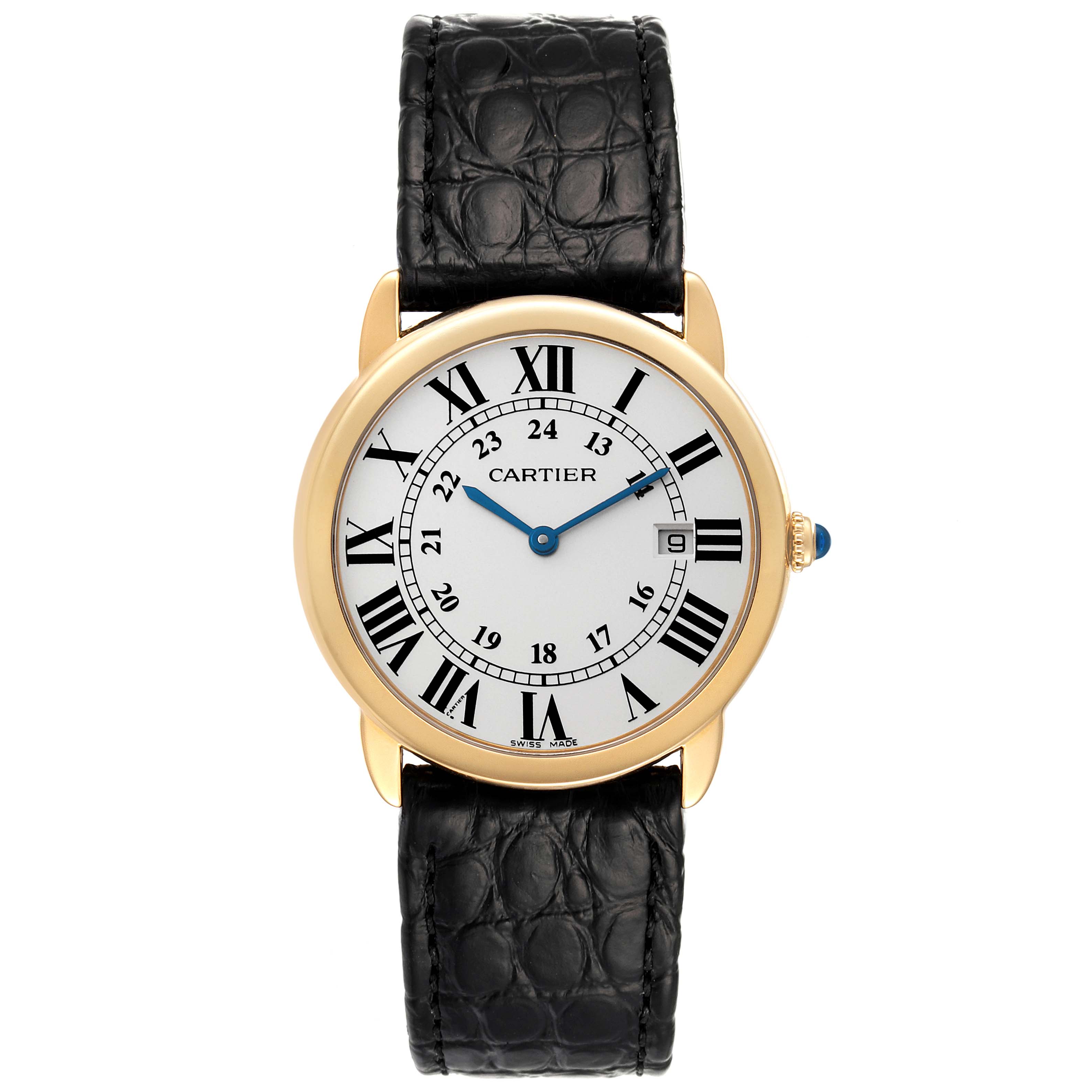 The image shows a front view of the Cartier Ronde W6700455 Men's Yellow Gold Silver Dial W6700455 Men's Yellow Gold Silver Dial watch, highlighting its round face, Roman numerals, and black leather strap.