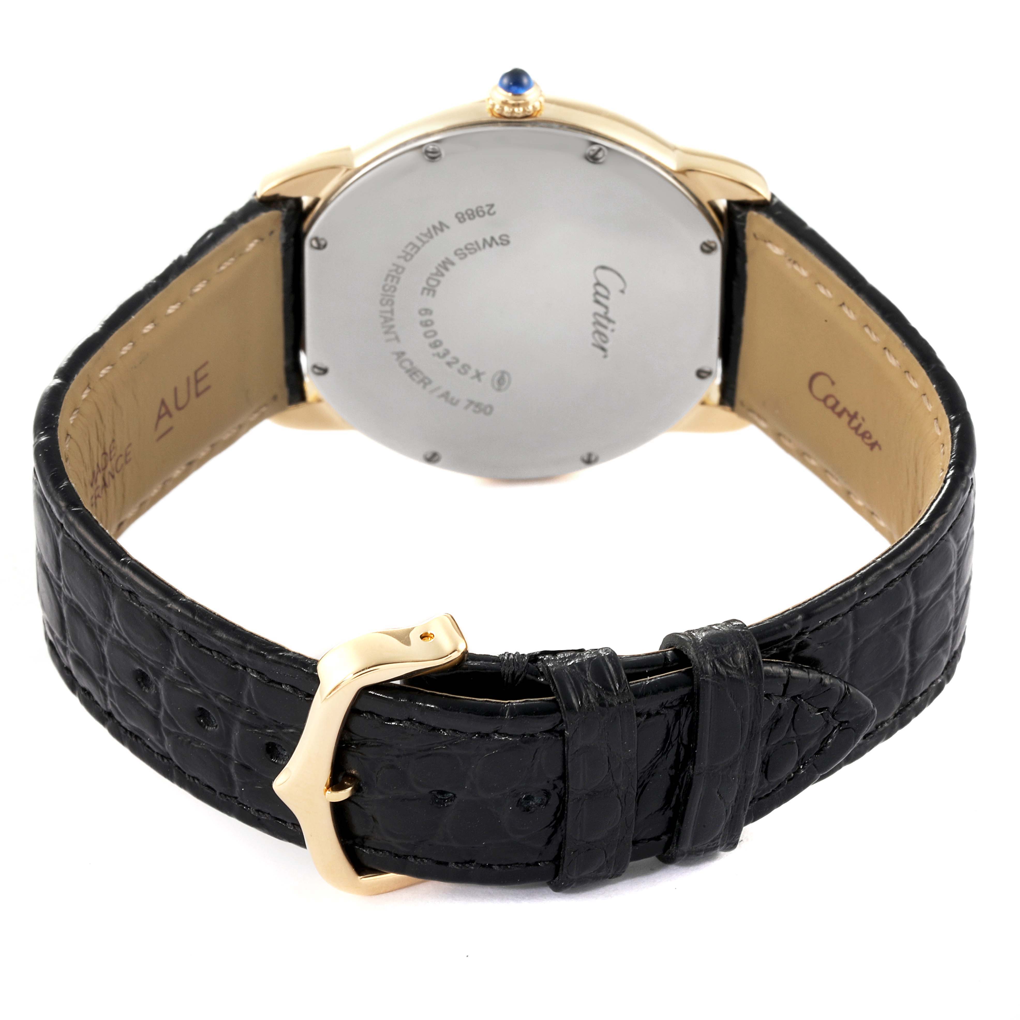 This image shows the back of a Cartier Ronde W6700455 Men's Yellow Gold Silver Dial W6700455 Men's Yellow Gold Silver Dial watch, highlighting its case back, crown, and black leather strap.