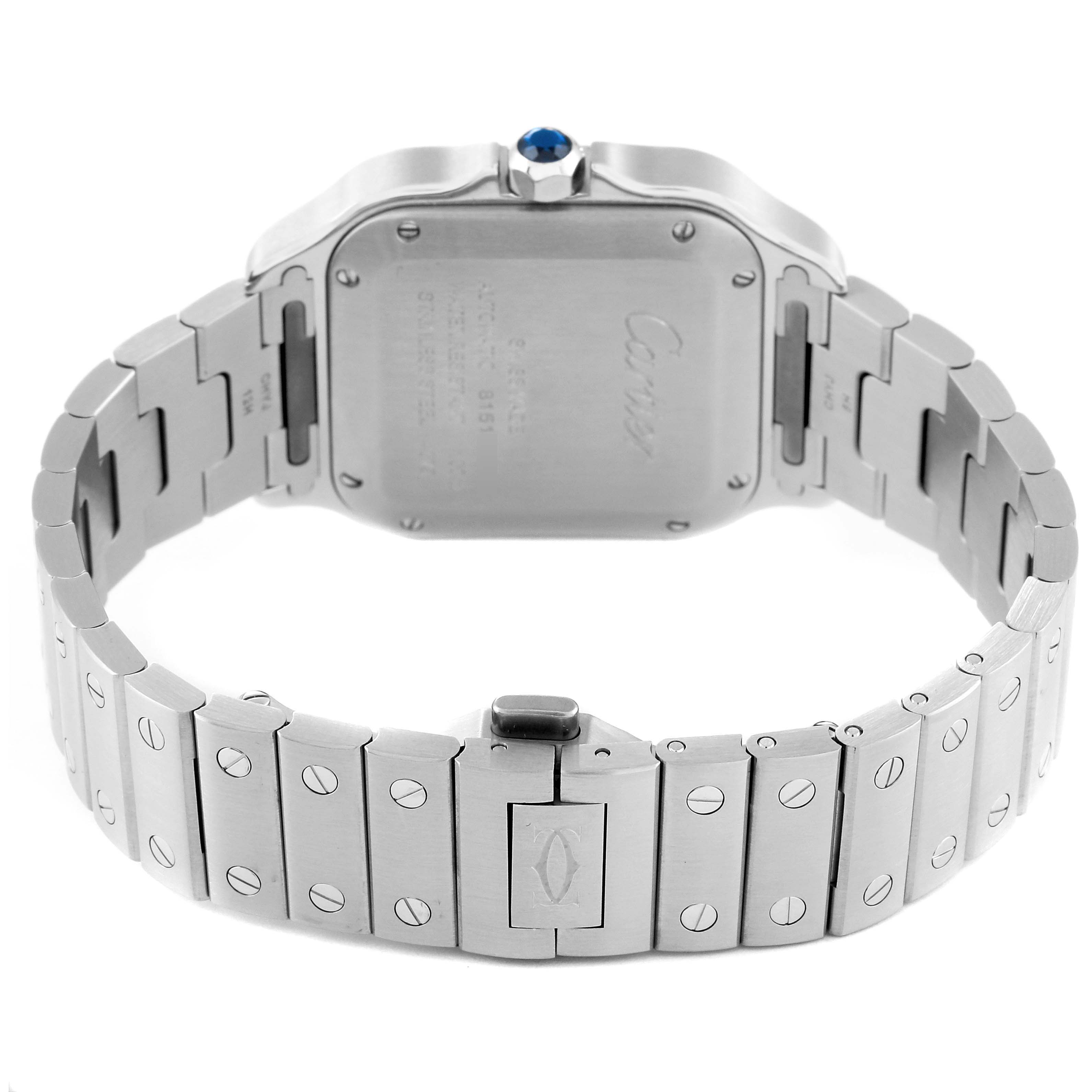 The image shows the back and bracelet of a Cartier Santos WSSA0010 Men's Stainless Steel Silver Dial WSSA0010 Men's Stainless Steel Silver Dial watch, highlighting the case back, crown, and bracelet details.
