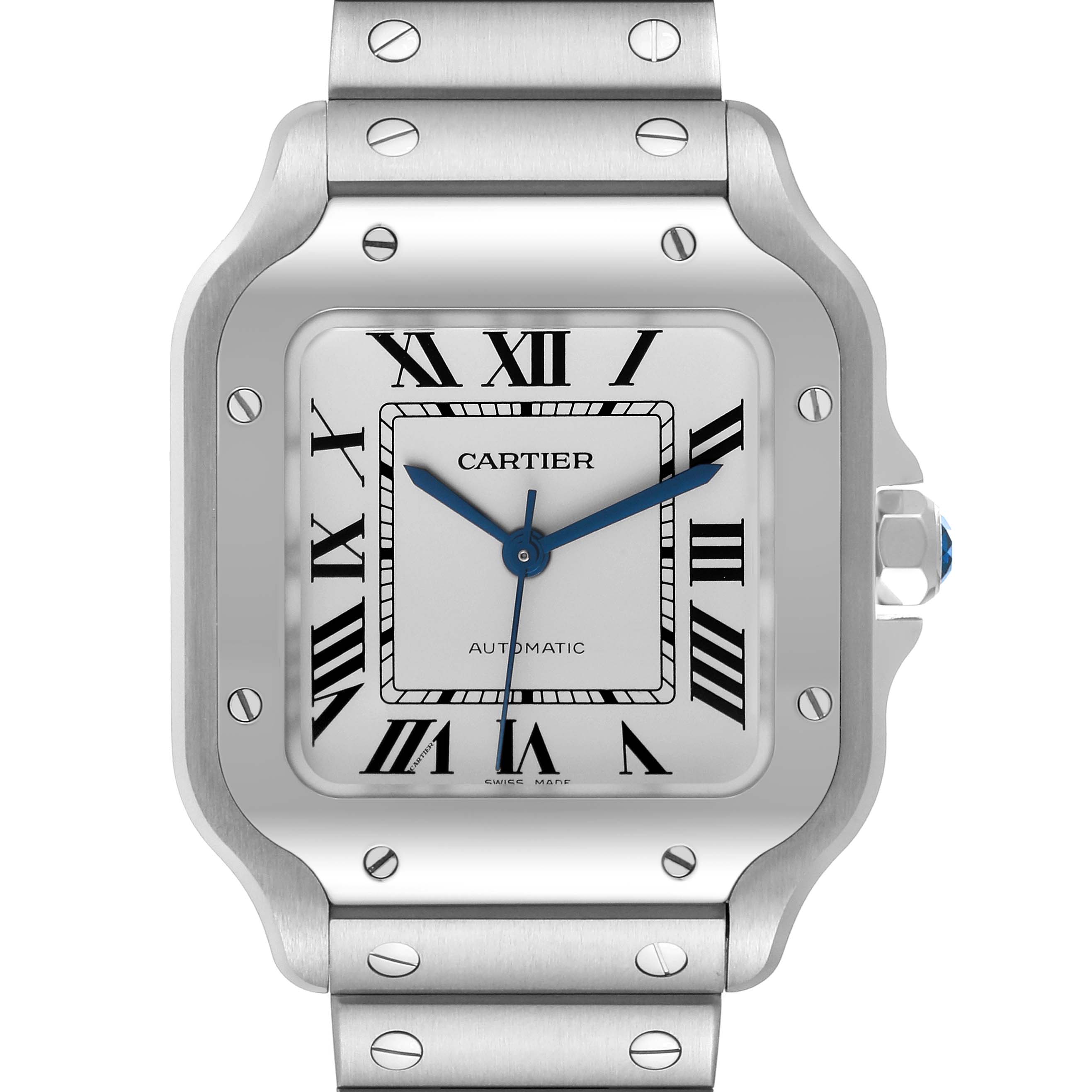 The image shows a front view of the Cartier Santos WSSA0010 Men's Stainless Steel Silver Dial WSSA0010 Men's Stainless Steel Silver Dial watch, detailing its face, bezel, and part of the strap.