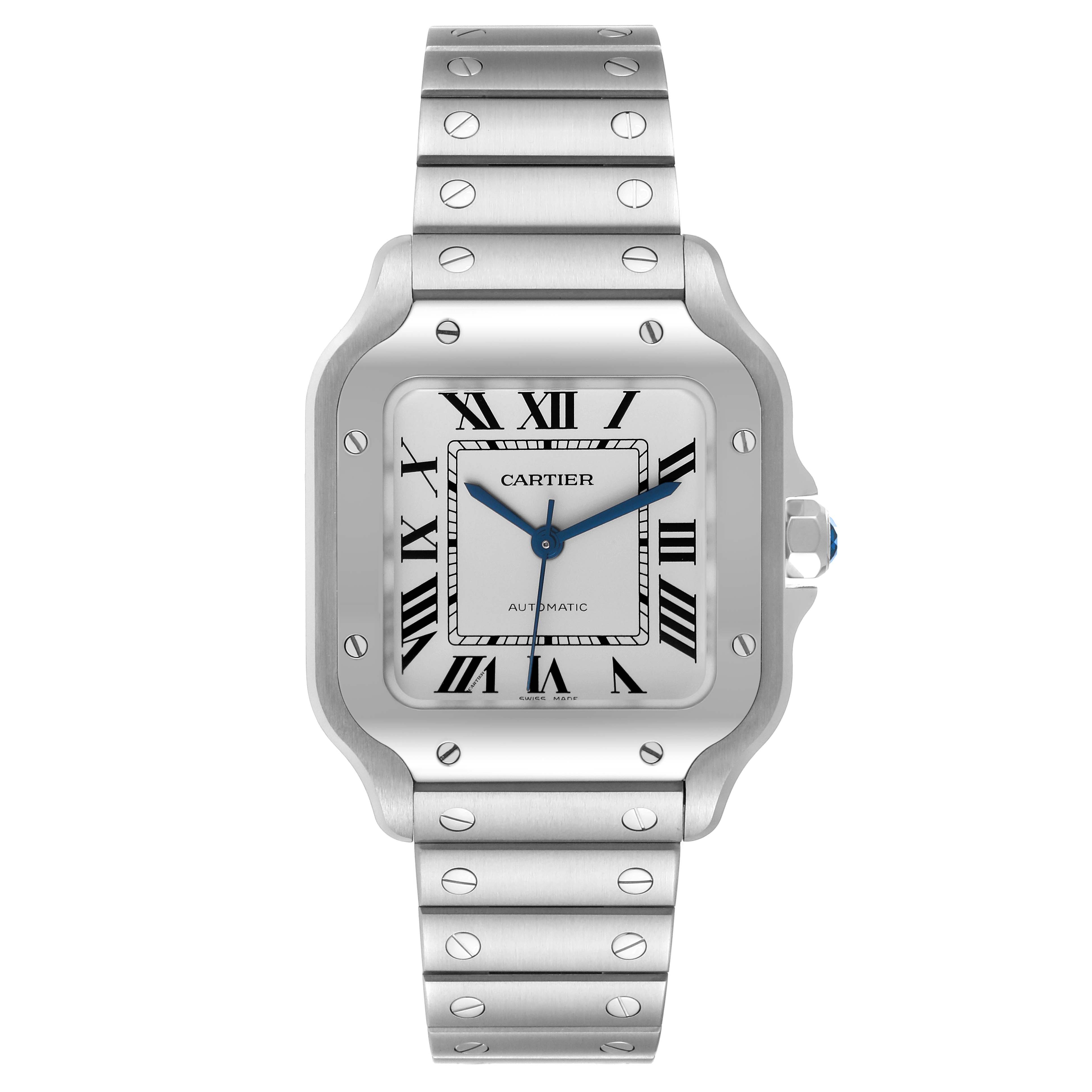 The image shows a front view of a Cartier Santos WSSA0010 Men's Stainless Steel Silver Dial WSSA0010 Men's Stainless Steel Silver Dial watch, highlighting the dial, bezel, and metal bracelet.