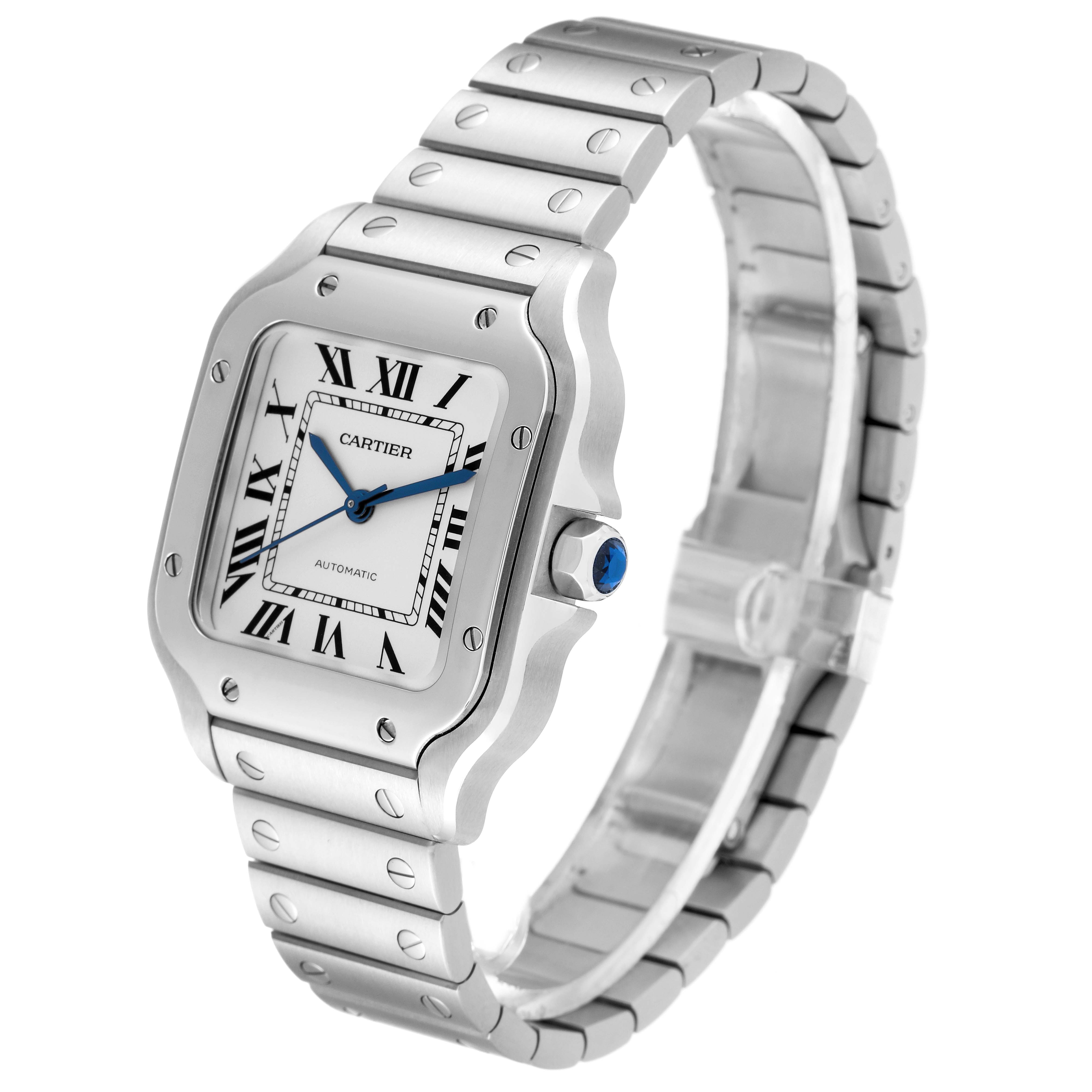 The image shows a Cartier Santos WSSA0010 Men's Stainless Steel Silver Dial WSSA0010 Men's Stainless Steel Silver Dial watch at a front right angle, highlighting the square face, bracelet, and crown with a blue cabochon.