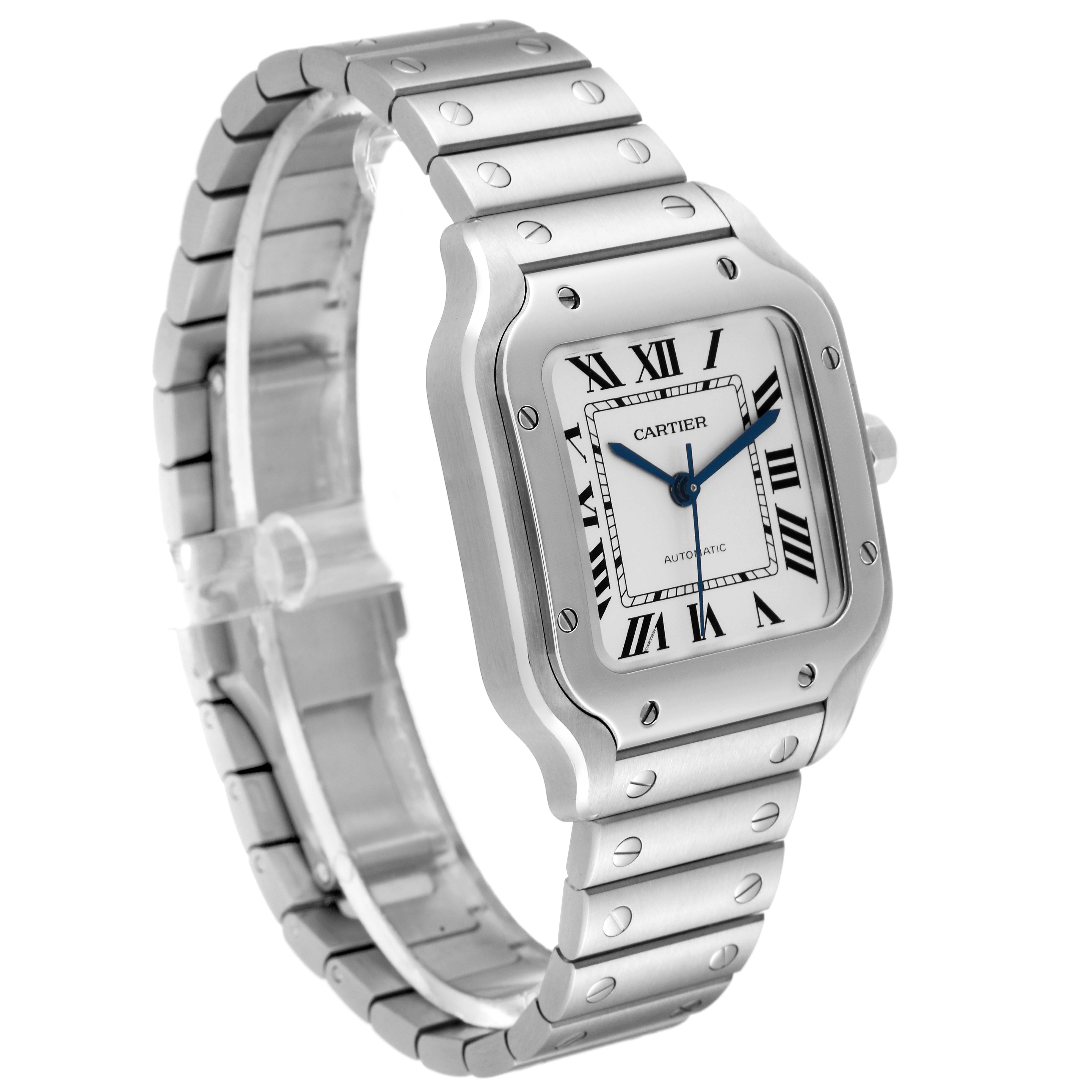The image shows a side and front angle of a Cartier Santos WSSA0010 Men's Stainless Steel Silver Dial WSSA0010 Men's Stainless Steel Silver Dial model wristwatch, featuring its dial, case, bezel, and bracelet.