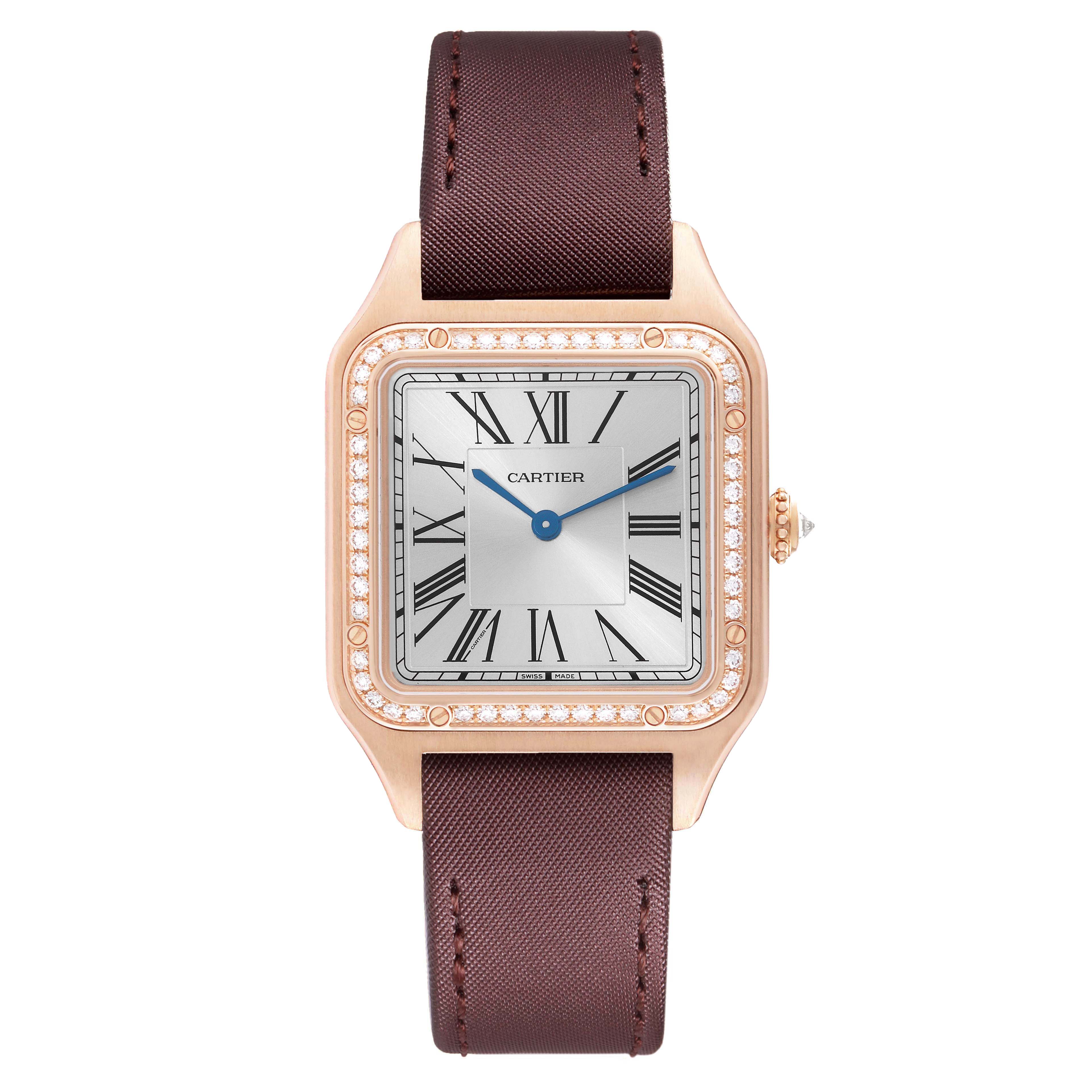 The Cartier Santos Dumont WJSA0018 Men's Rose Gold Silver Dial watch is shown from the front, highlighting the square face, Roman numerals, and diamond-encrusted bezel.