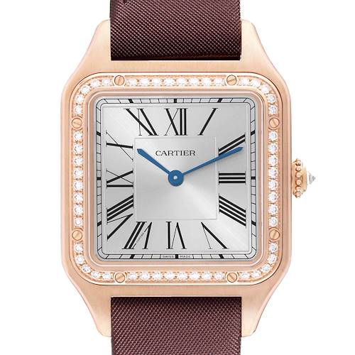 The Cartier Santos Dumont WJSA0018 Men's Rose Gold Silver Dial watch is shown from the front, displaying its square face, Roman numerals, and diamond bezel.
