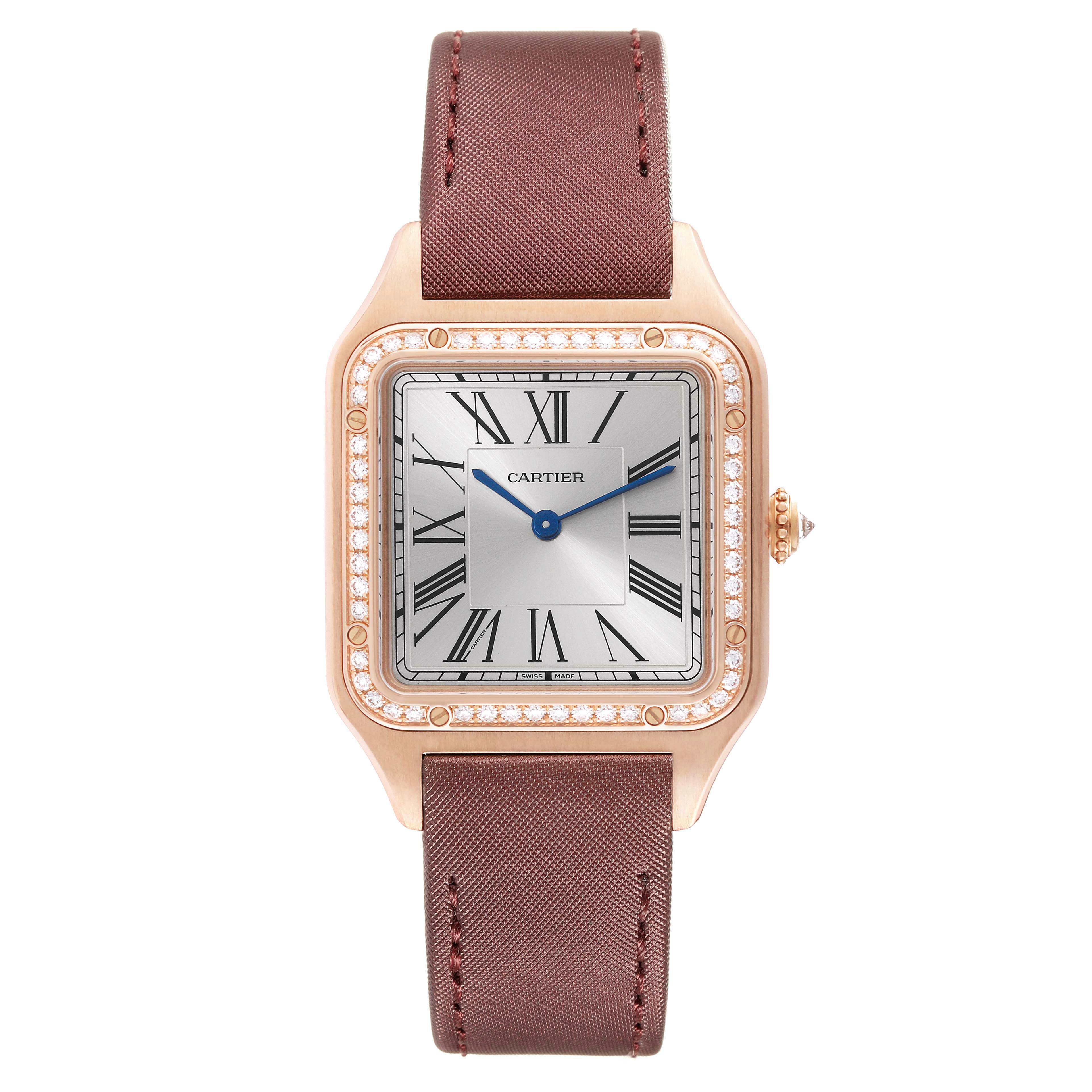 The Cartier Santos Dumont WJSA0018 Men's Rose Gold Silver Dial watch is shown from the front, displaying its face, bezel, and strap.