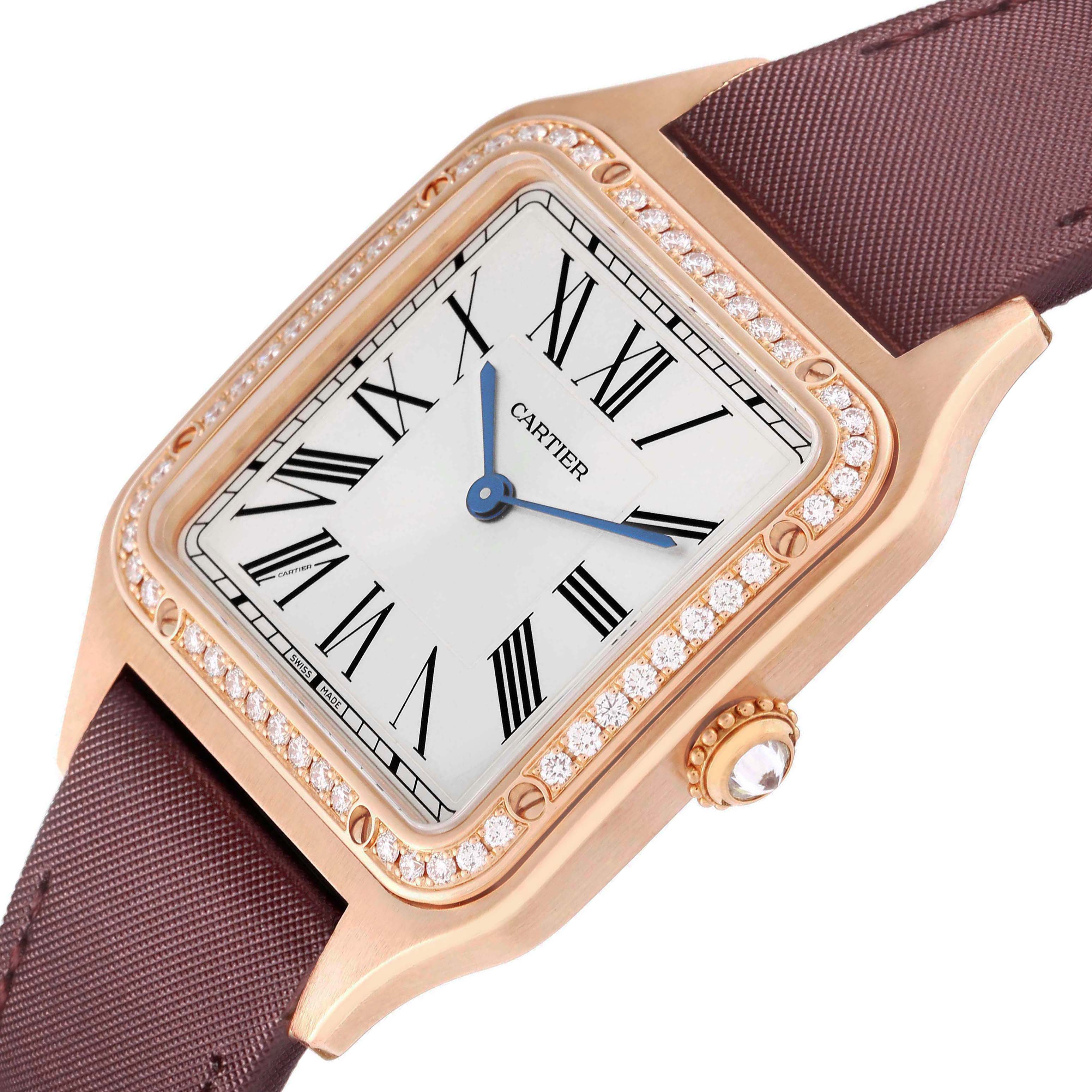 The Cartier Santos Dumont WJSA0018 Men's Rose Gold Silver Dial watch is shown from a top angle, highlighting its square gold case, diamond bezel, and brown strap.