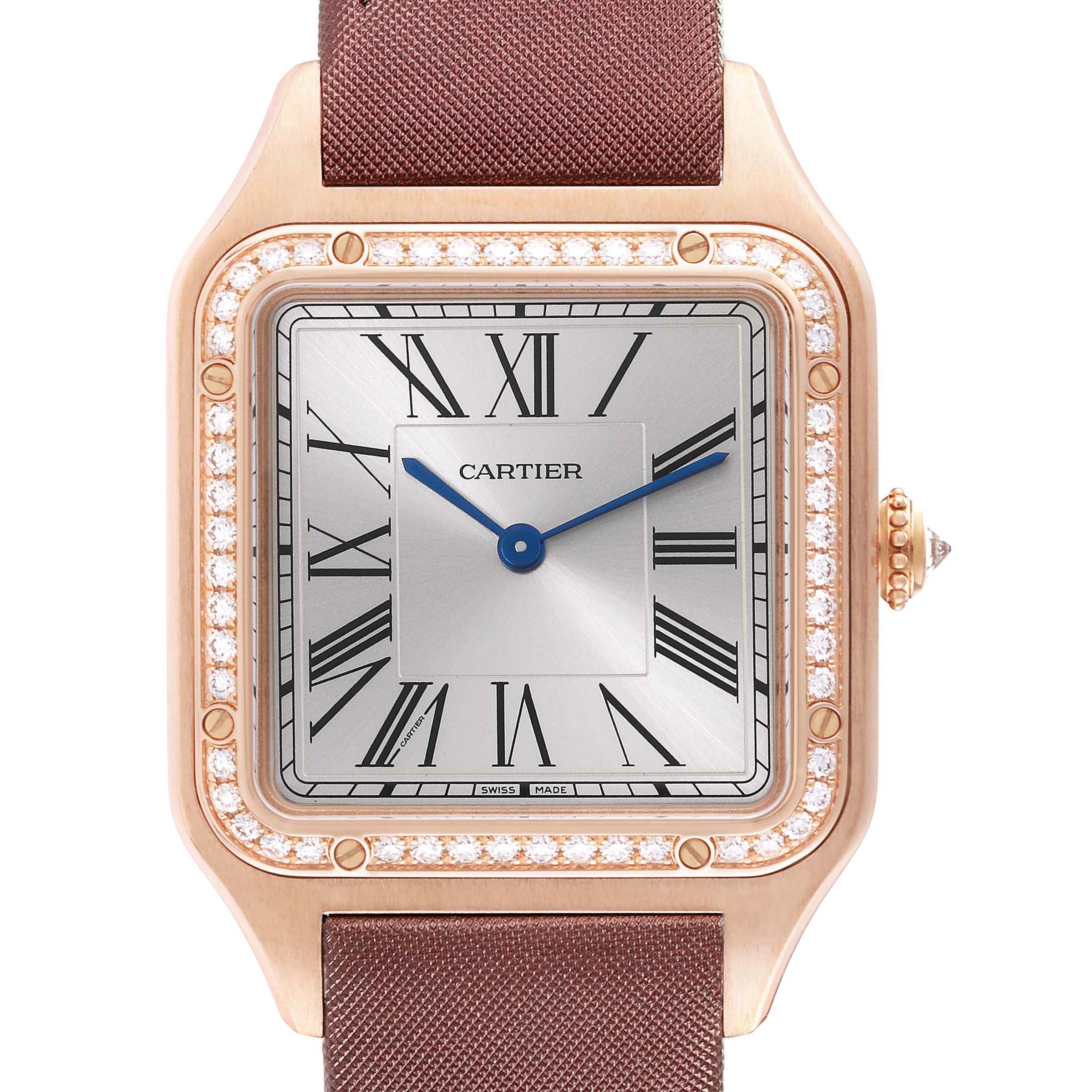 The Cartier Santos Dumont WJSA0018 Men's Rose Gold Silver Dial watch is shown from the front, displaying its diamond-accented bezel, Roman numerals, and blue hands.