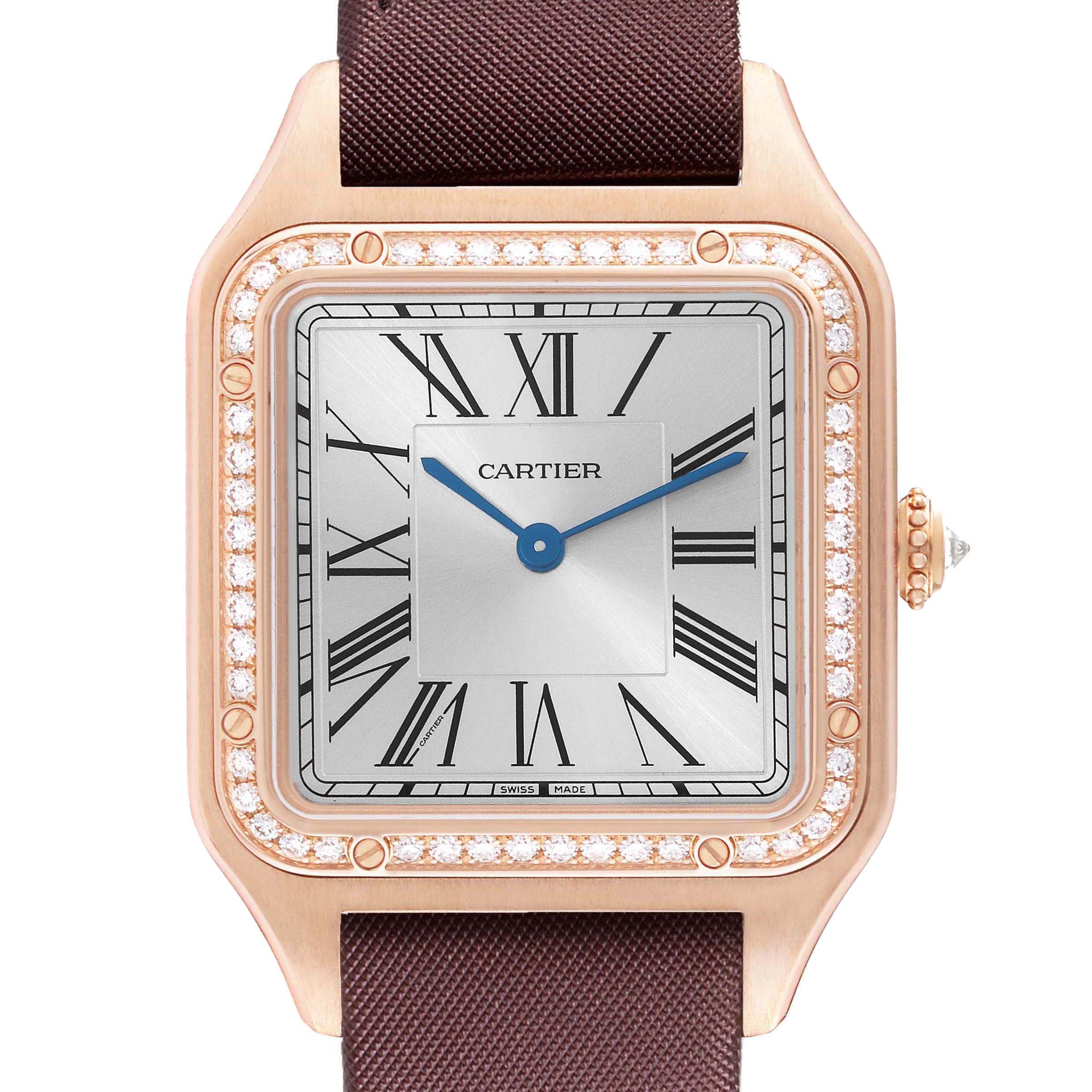 The Cartier Santos Dumont WJSA0018 Men's Rose Gold Silver Dial watch is shown from the front, highlighting the bezel, dial, Roman numerals, and strap.