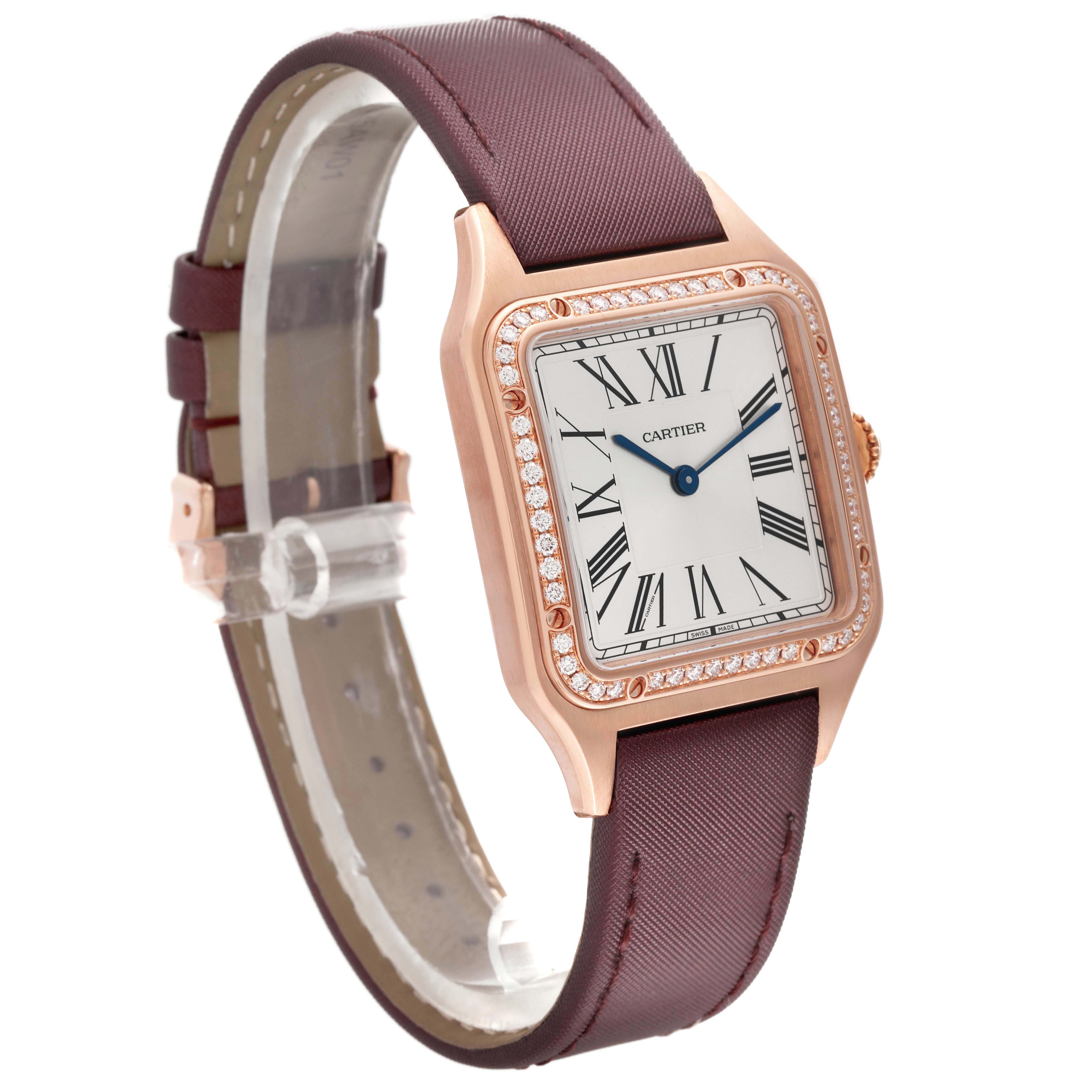 The image shows a Cartier Santos Dumont WJSA0018 Men's Rose Gold Silver Dial WJSA0018 Men's Rose Gold Silver Dial watch at a slight angle, highlighting the face, bezel, and strap.
