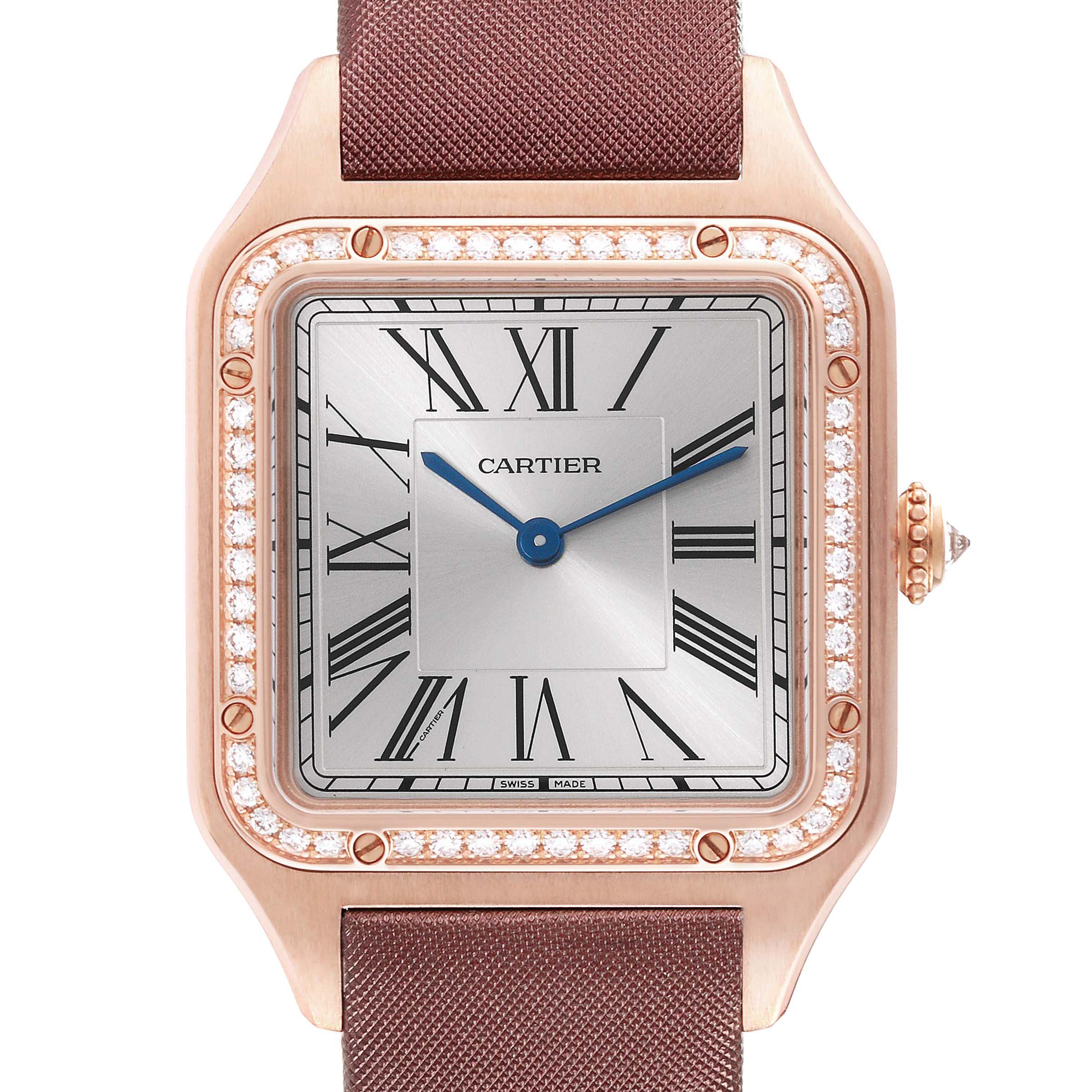 The image shows a close-up, front angle of the Cartier Santos Dumont WJSA0018 Men's Rose Gold Silver Dial WJSA0018 Men's Rose Gold Silver Dial watch, highlighting its square face, Roman numerals, and diamond bezel.
