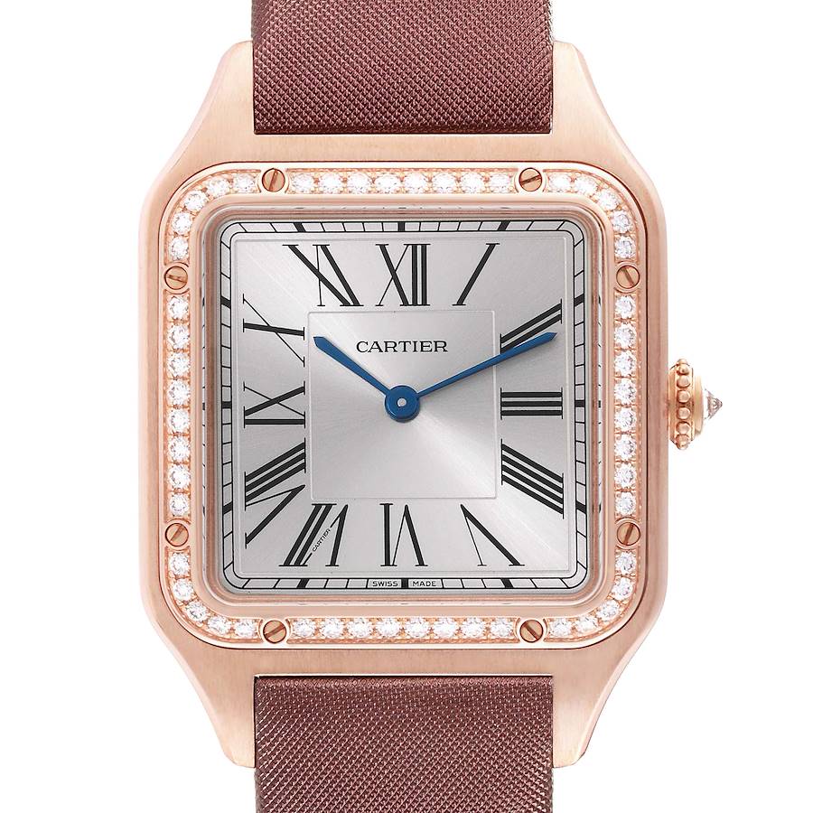 Cartier Santos Dumont Rose Gold Silver Dial Diamond Mens Watch WJSA0018 Box Card SwissWatchExpo