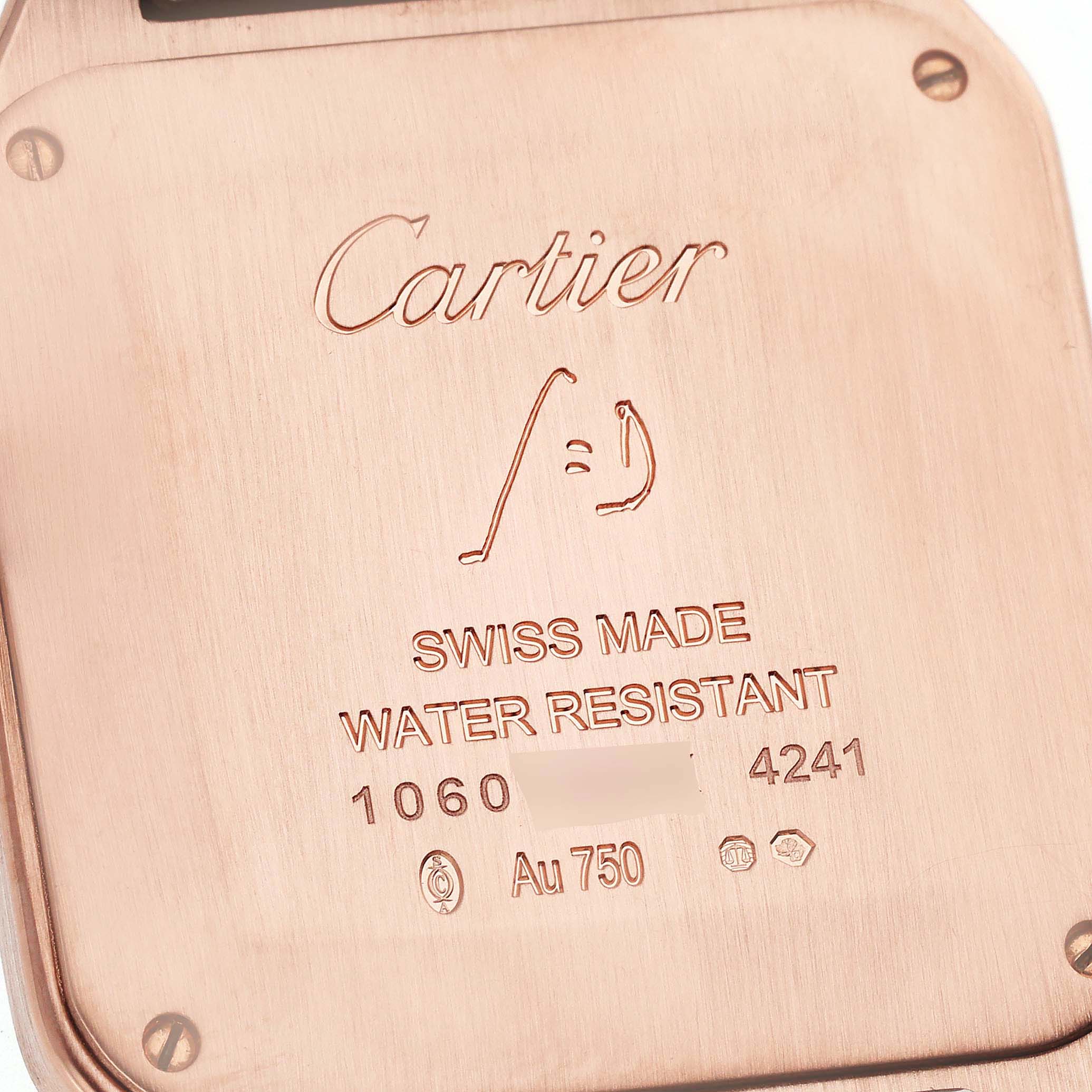 This image shows the back case of a Cartier Santos Dumont WJSA0018 Men's Rose Gold Silver Dial WJSA0018 Men's Rose Gold Silver Dial watch.