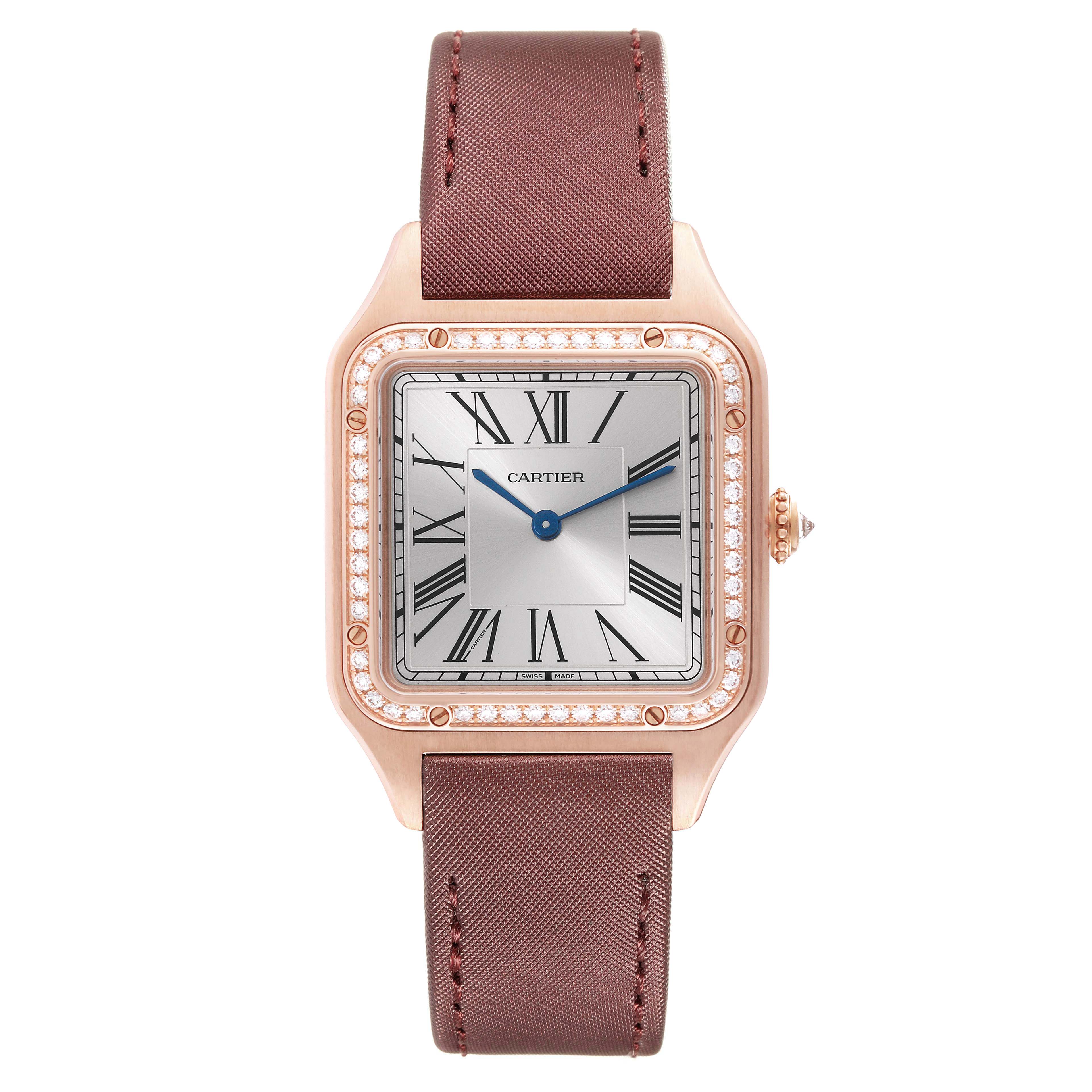 The image shows a front view of the Cartier Santos Dumont WJSA0018 Men's Rose Gold Silver Dial WJSA0018 Men's Rose Gold Silver Dial watch with a brown strap and diamond-encrusted bezel.