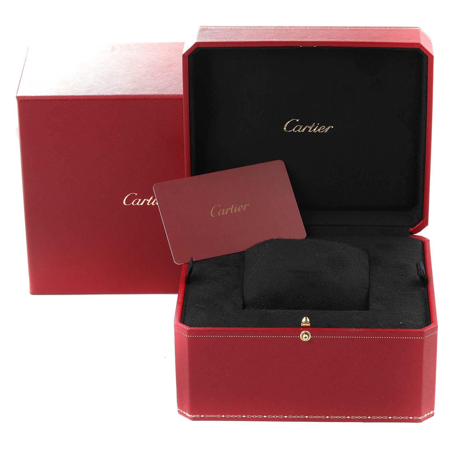 The image shows an open red Cartier Santos Dumont WJSA0018 Men's Rose Gold Silver Dial WJSA0018 Men's Rose Gold Silver Dial watch box with the watch holder and a Cartier card inside.