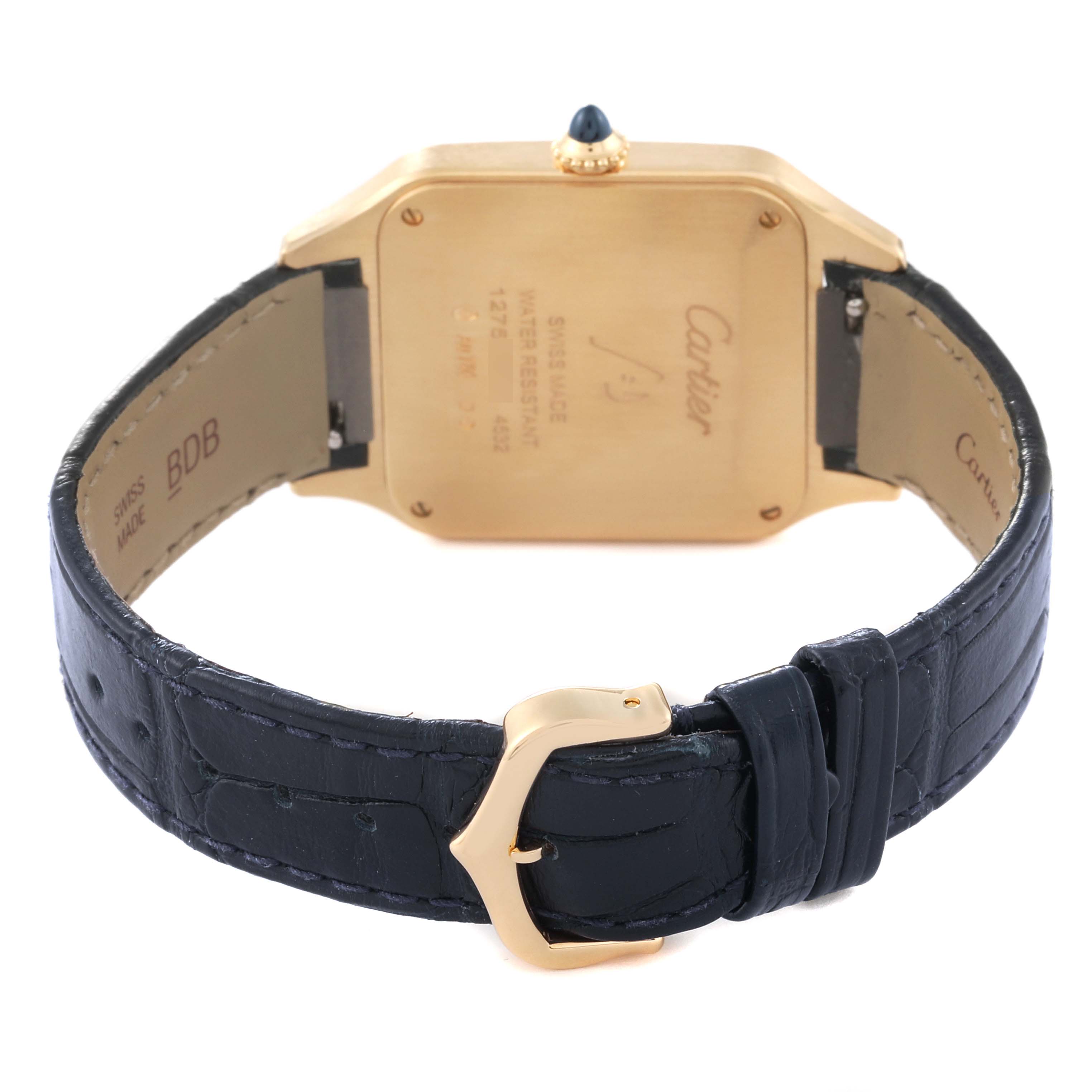 This image shows the back case and leather strap of a Cartier Santos Dumont WGSA0077 Men's Yellow Gold Blue Dial WGSA0077 Men's Yellow Gold Blue Dial watch, highlighting the gold buckle and crown.