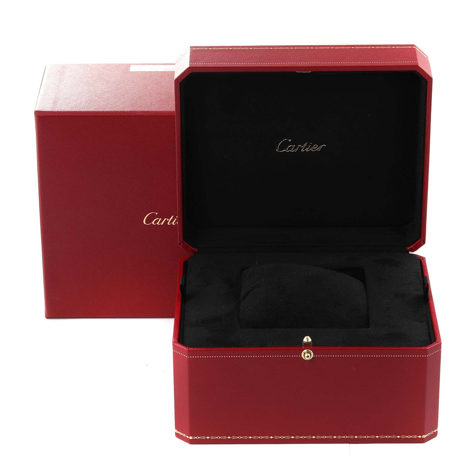 This image shows the open red presentation box for the Santos Dumont model by Cartier, with the brand name inside the lid.