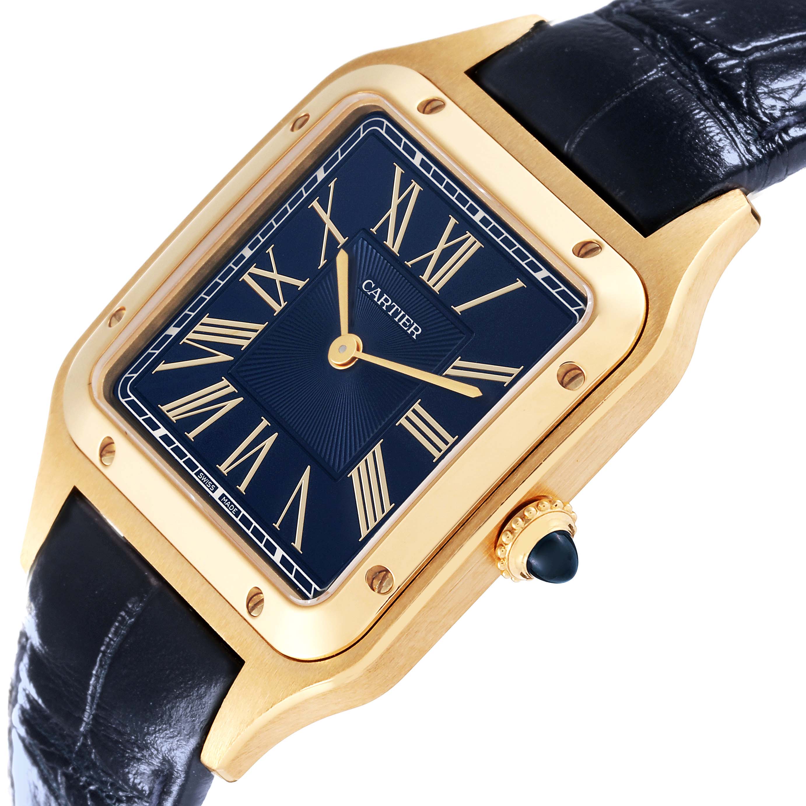 The image shows a close-up, angled view of the Cartier Santos Dumont WGSA0077 Men's Yellow Gold Blue Dial WGSA0077 Men's Yellow Gold Blue Dial watch's face and crown, highlighting its gold case and black leather strap.