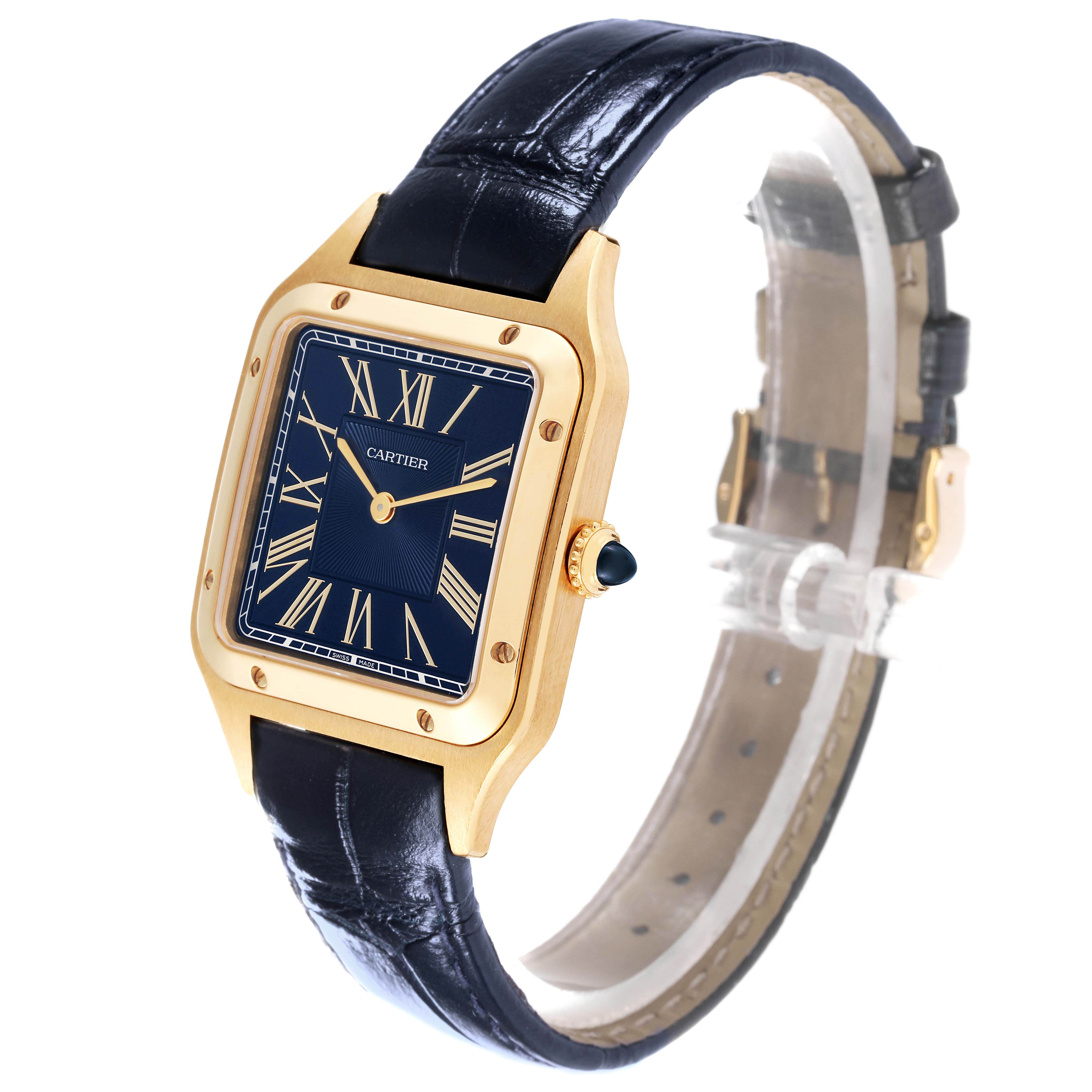 This image shows a Cartier Santos Dumont WGSA0077 Men's Yellow Gold Blue Dial WGSA0077 Men's Yellow Gold Blue Dial watch at a slight side angle, highlighting the rectangular face, leather strap, and gold casing.