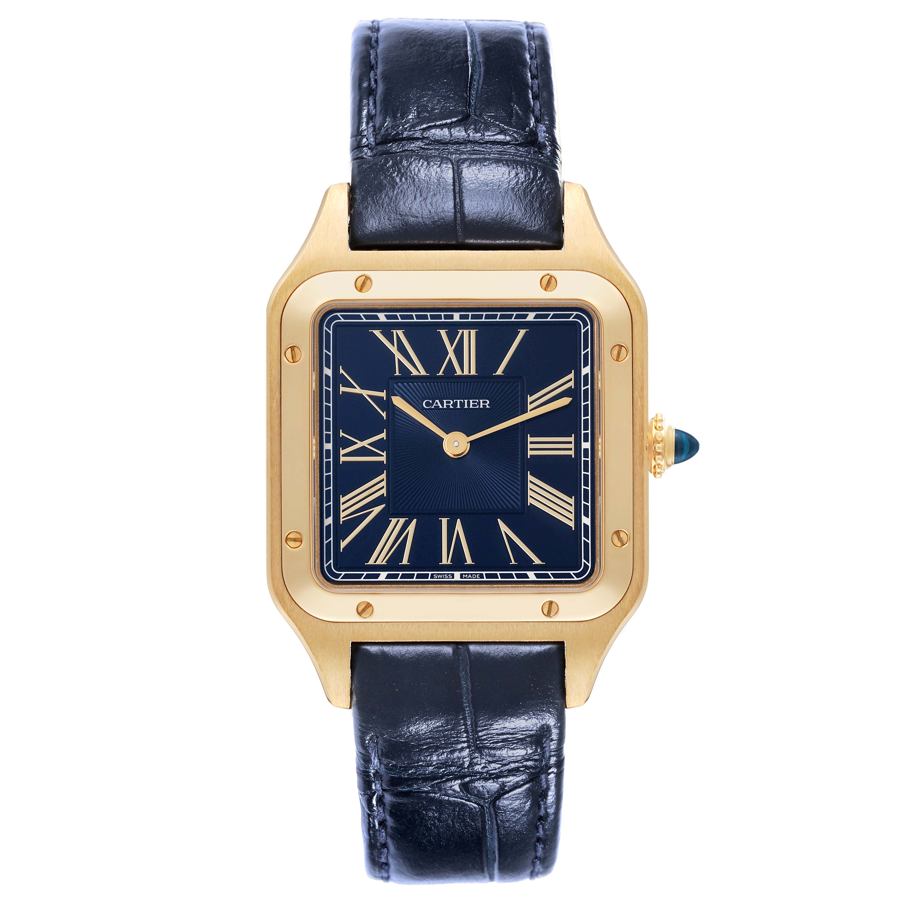 The image shows a Cartier Santos Dumont WGSA0077 Men's Yellow Gold Blue Dial WGSA0077 Men's Yellow Gold Blue Dial watch from a front angle, displaying its face, bezel, and leather strap.