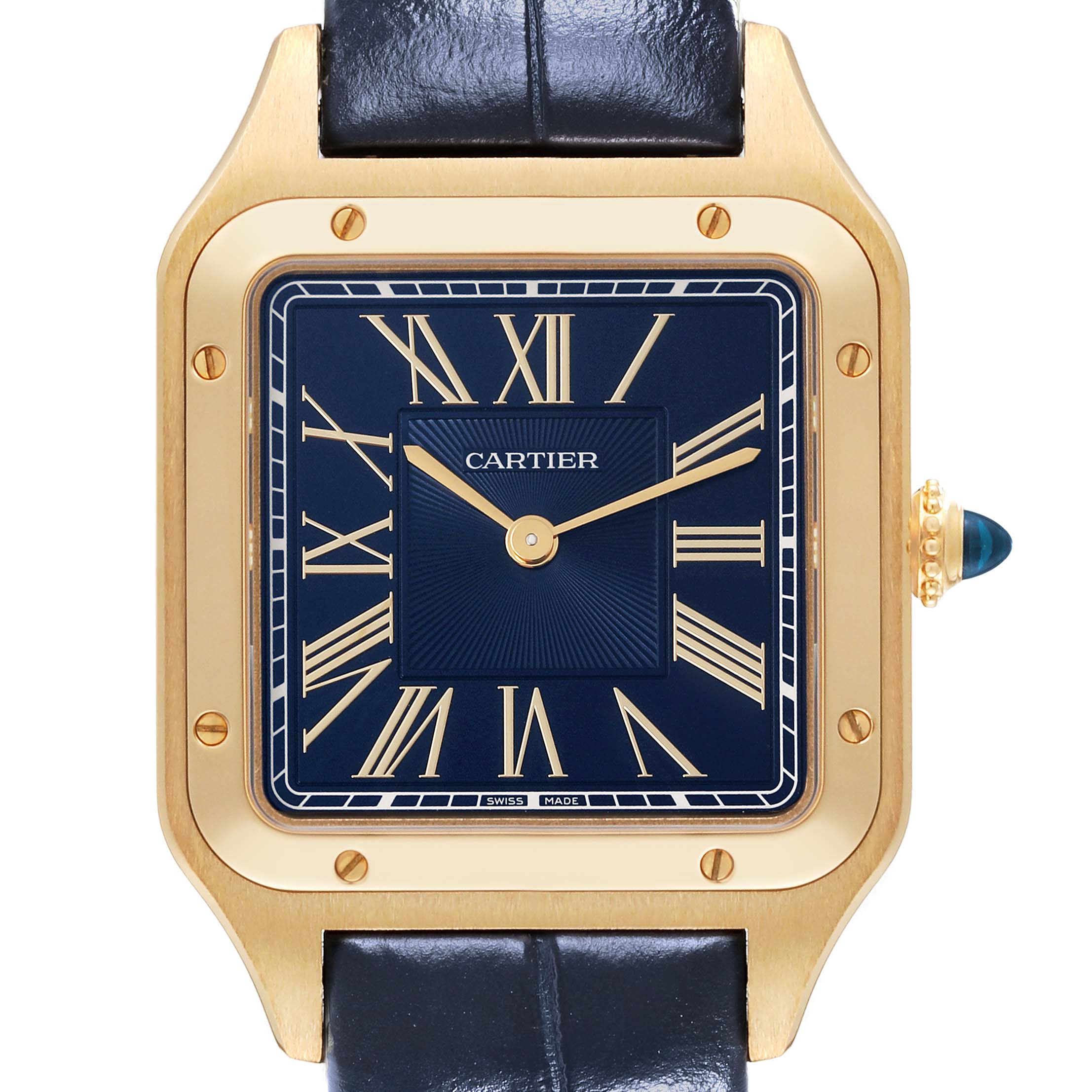 The image shows a front view of the Cartier Santos Dumont WGSA0077 Men's Yellow Gold Blue Dial WGSA0077 Men's Yellow Gold Blue Dial watch highlighting the blue dial, gold case, and black leather strap.