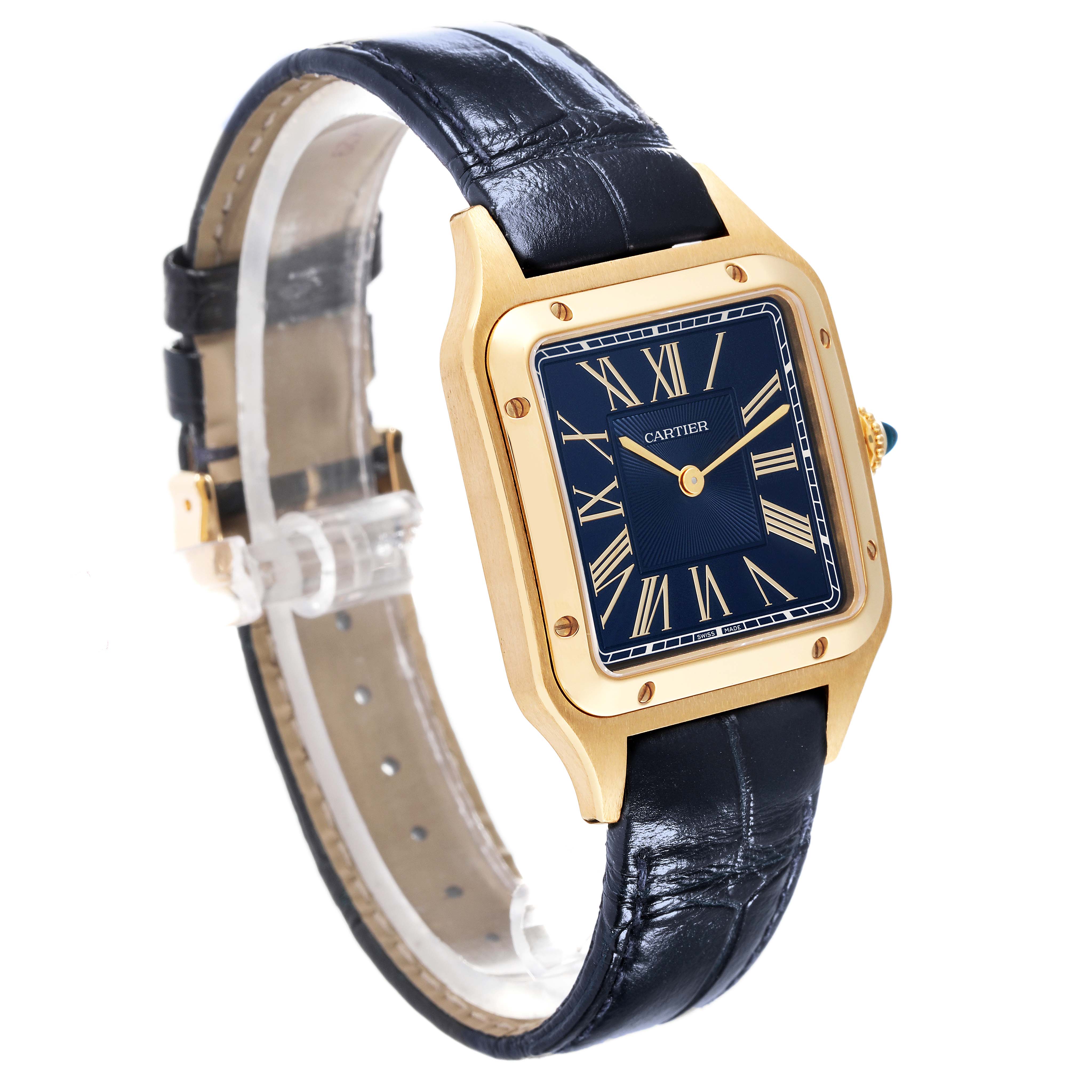 This Cartier Santos Dumont WGSA0077 Men's Yellow Gold Blue Dial WGSA0077 Men's Yellow Gold Blue Dial watch is shown at a front angle highlighting its square face and black leather strap.