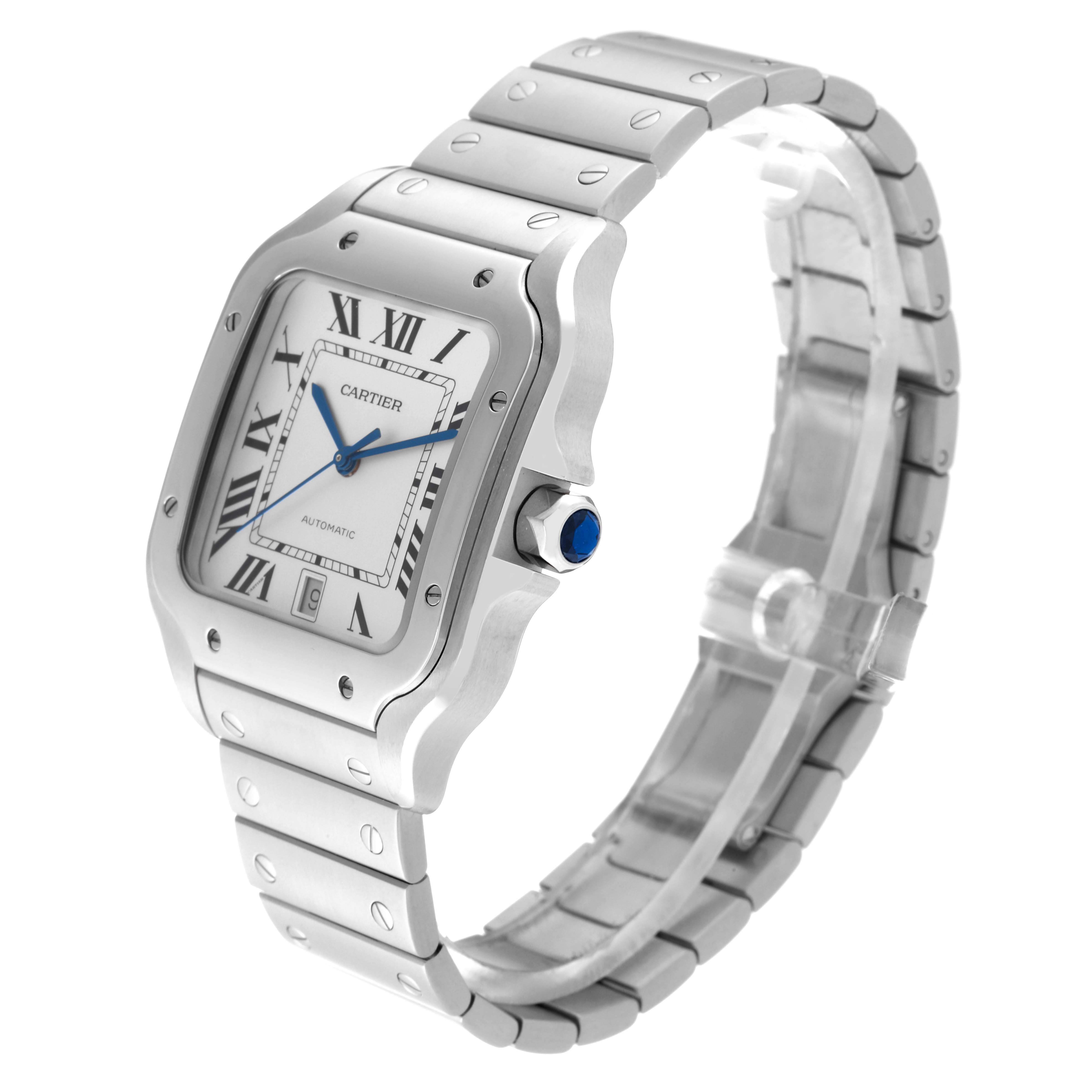 The image shows a Cartier Santos WSSA0009 Men
s Stainless Steel Silver Dial WSSA0009 Men
s Stainless Steel Silver Dial watch at a three-quarter angle, highlighting the face, crown, and bracelet.