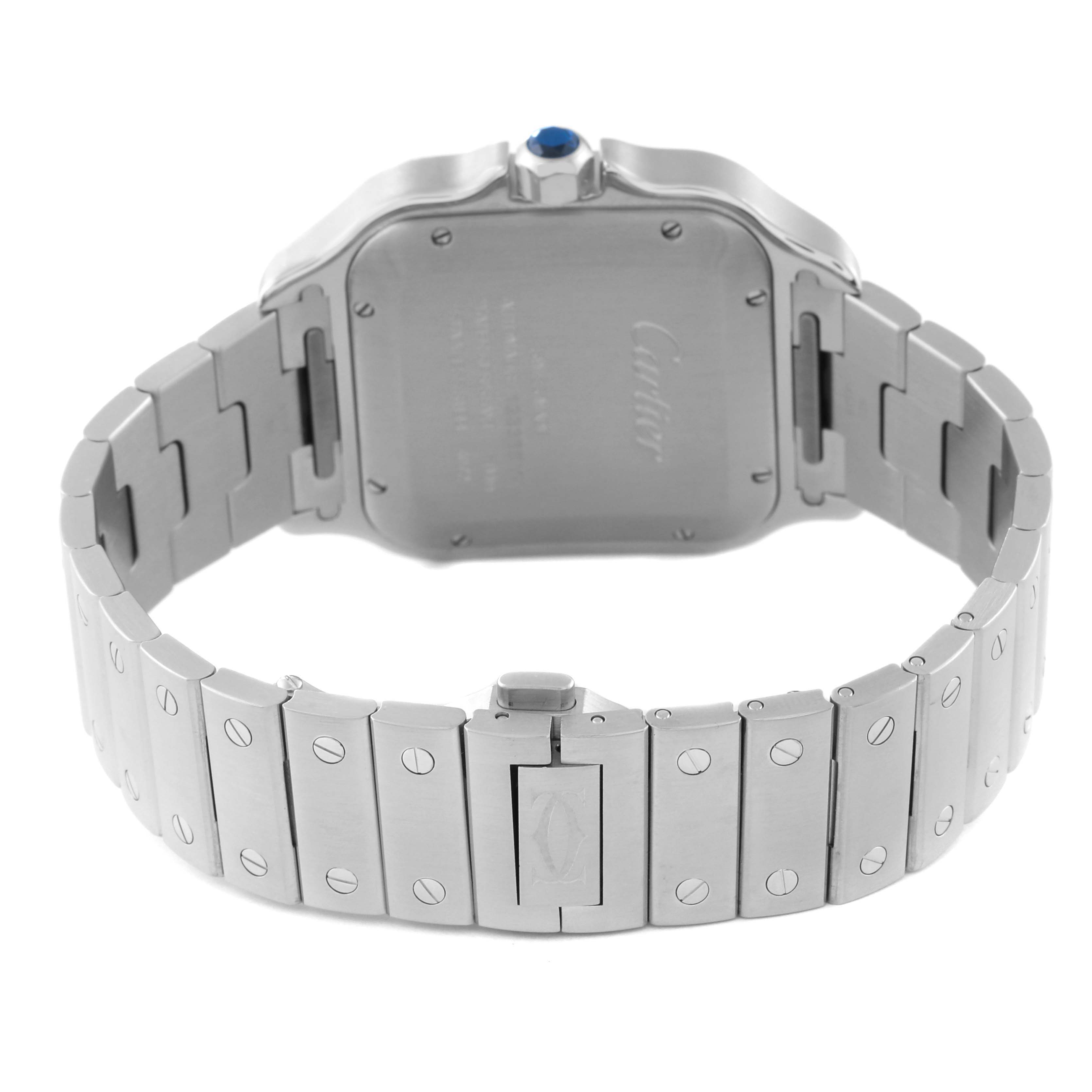 This image shows the back view and bracelet of a Cartier Santos WSSA0009 Men
s Stainless Steel Silver Dial WSSA0009 Men
s Stainless Steel Silver Dial model watch, highlighting its stainless steel construction and clasp.