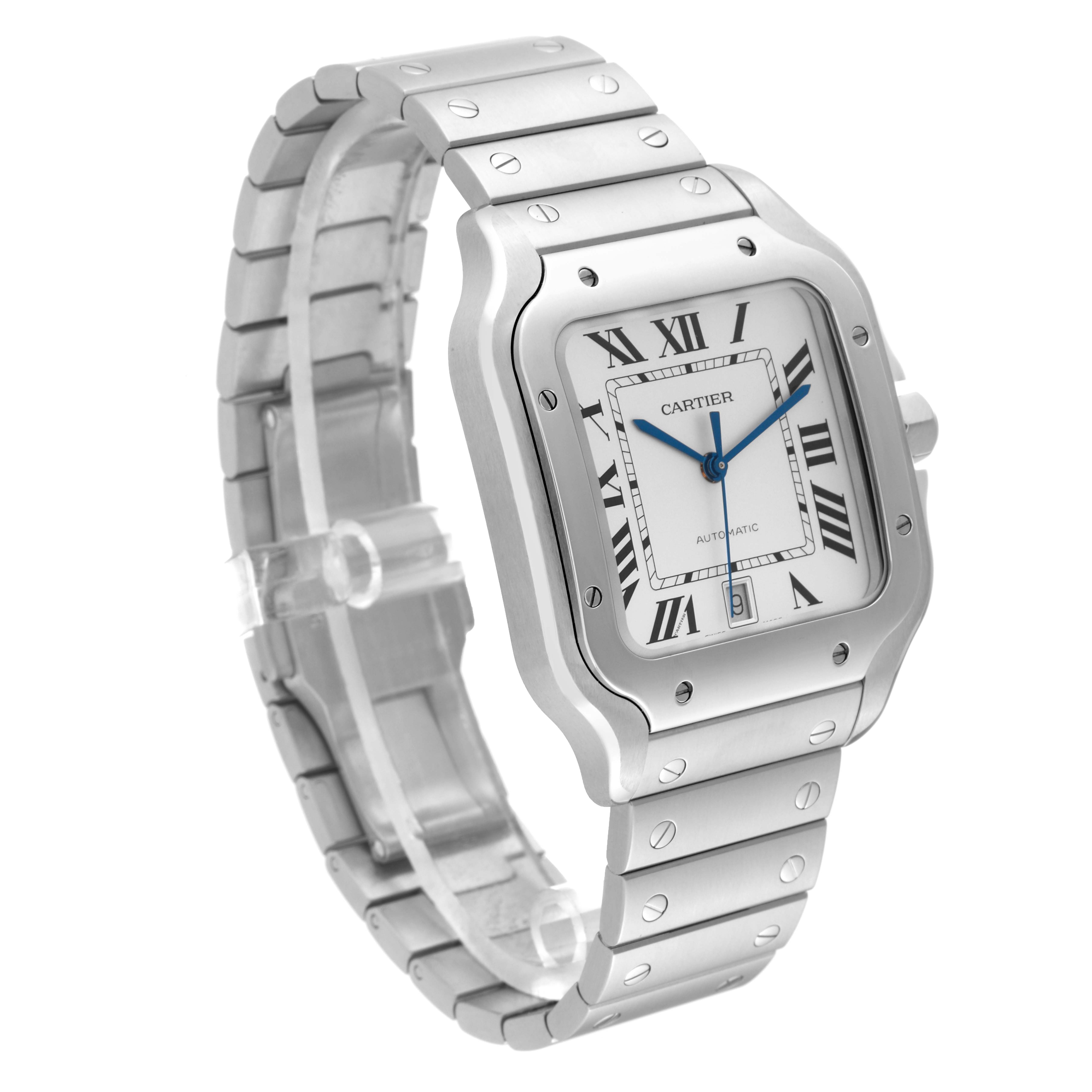 The image shows a Cartier Santos WSSA0009 Men
s Stainless Steel Silver Dial WSSA0009 Men
s Stainless Steel Silver Dial watch at a slight angle, highlighting its face, bezel, and metal bracelet.