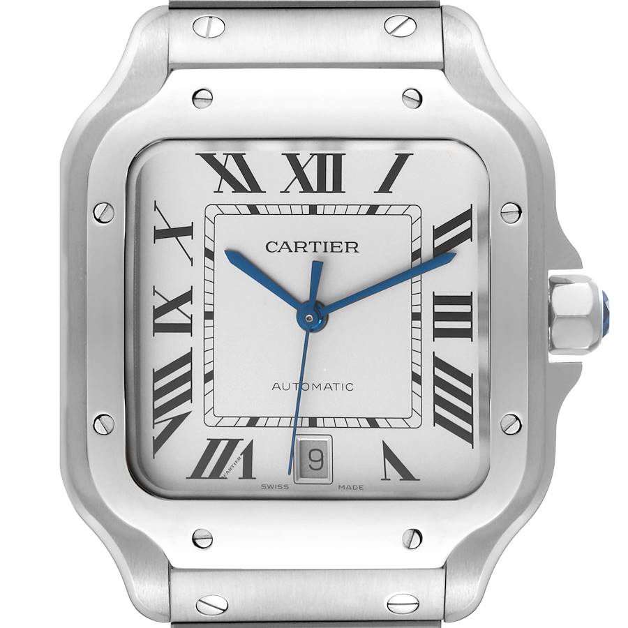 Cartier Santos Large Silver Dial Steel Mens Watch WSSA0009 Box Card SwissWatchExpo