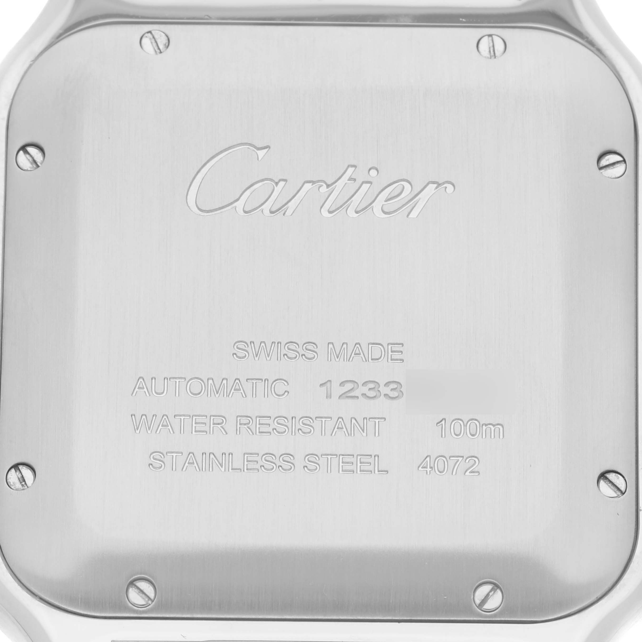 The image shows the case back of the Santos model by Cartier, highlighting the brand name, specifications, and screws.