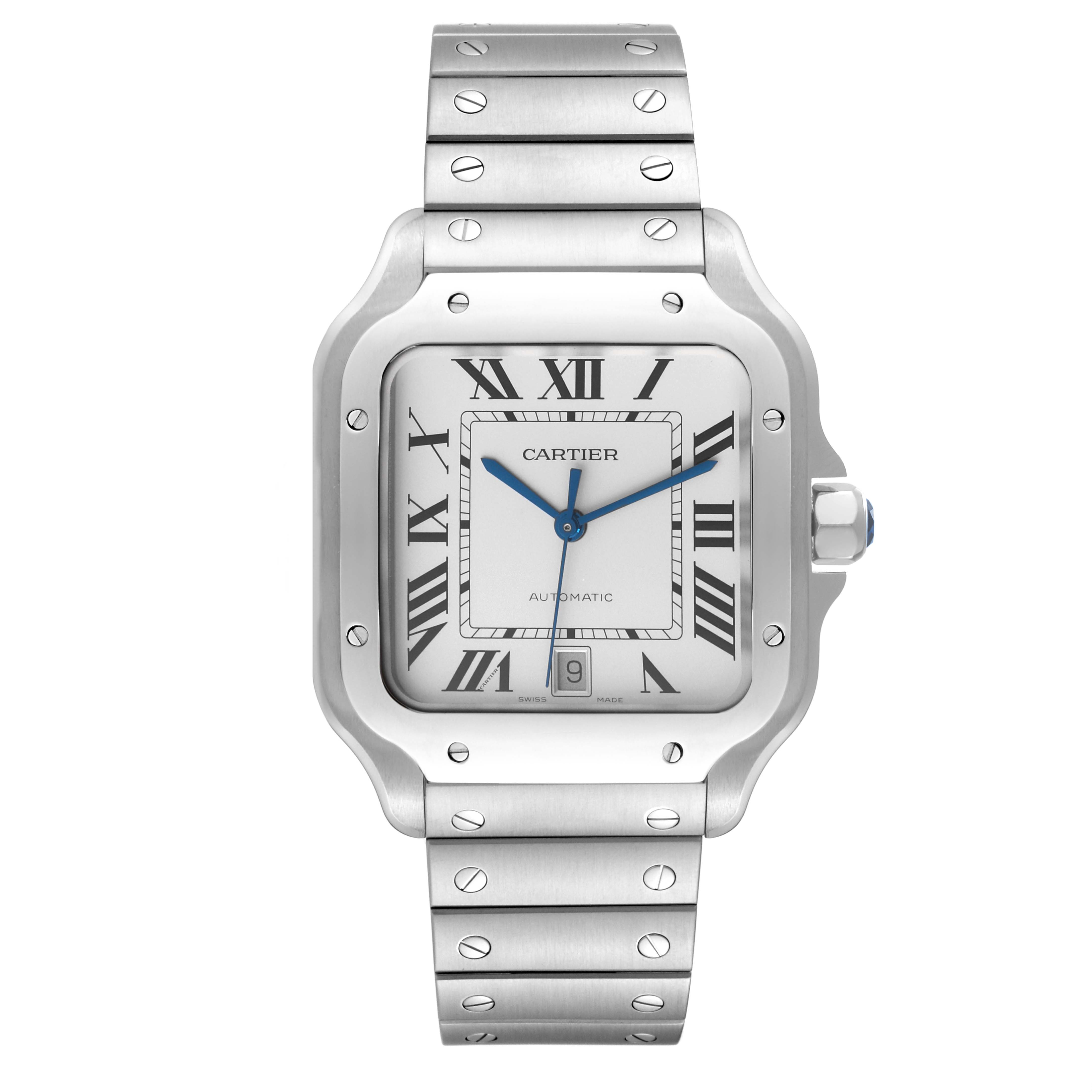 The image shows a frontal view of the Cartier Santos WSSA0009 Men
s Stainless Steel Silver Dial WSSA0009 Men
s Stainless Steel Silver Dial watch, highlighting its roman numeral dial, blue hands, and metal bracelet.