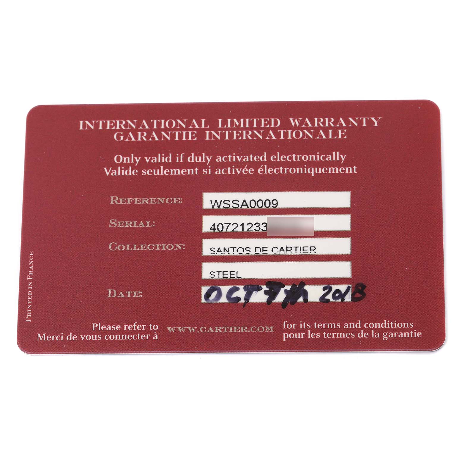 This image shows the International Limited Warranty card for a Santos de Cartier watch.