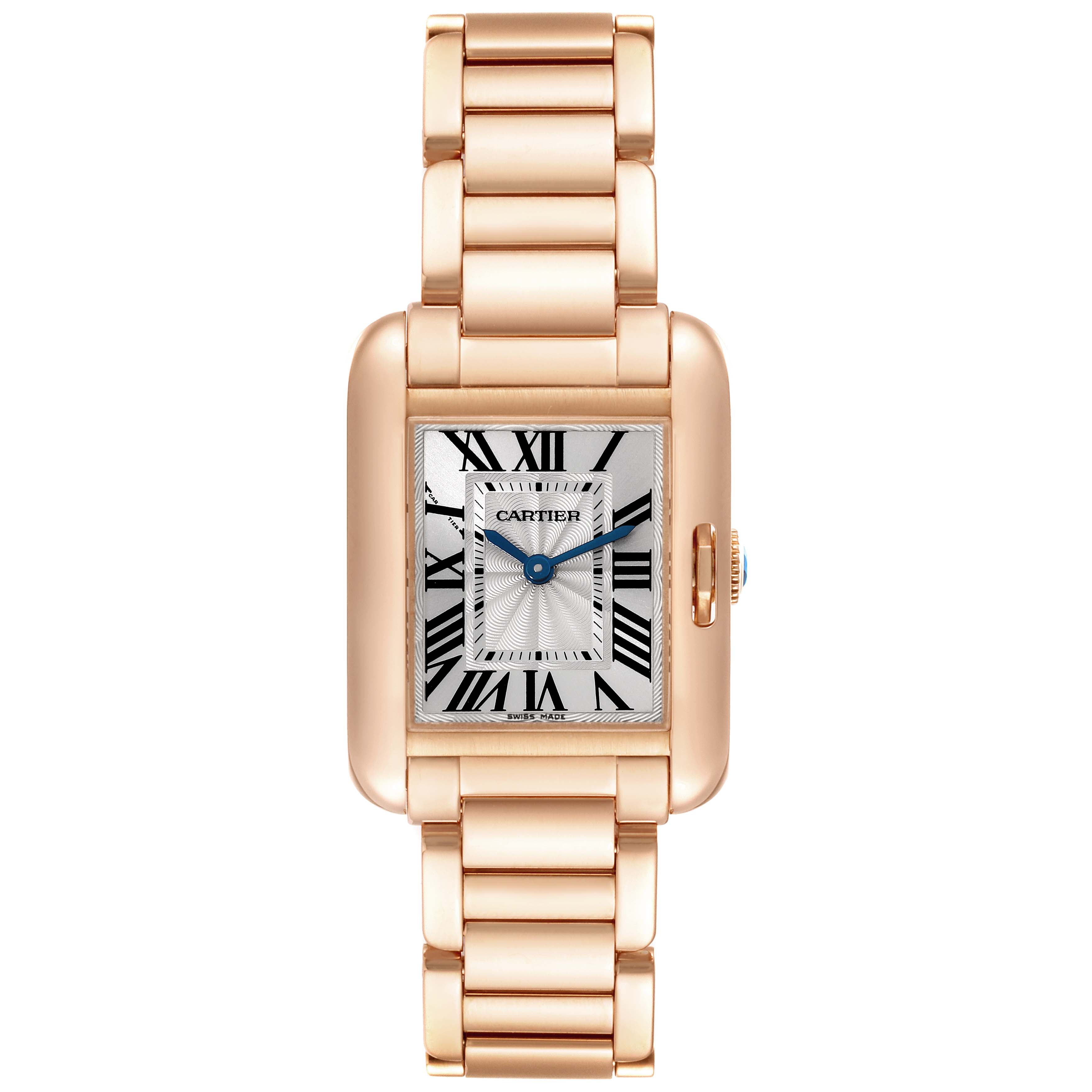 The Cartier Tank Anglaise W5310013 Women
s Rose Gold Silver Dial W5310013 Women
s Rose Gold Silver Dial watch is shown from a top-down angle, highlighting the face, bracelet, and crown.