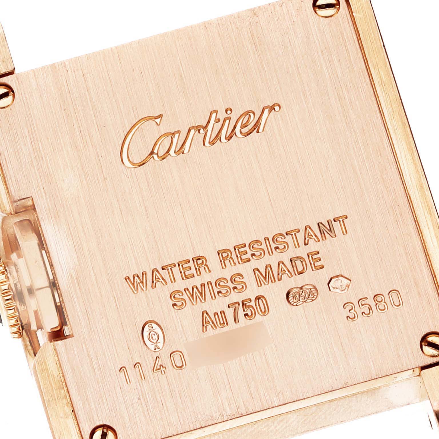 The image shows the back case of a Cartier Tank Anglaise W5310013 Women
s Rose Gold Silver Dial W5310013 Women
s Rose Gold Silver Dial watch, highlighting the brand and specifications.