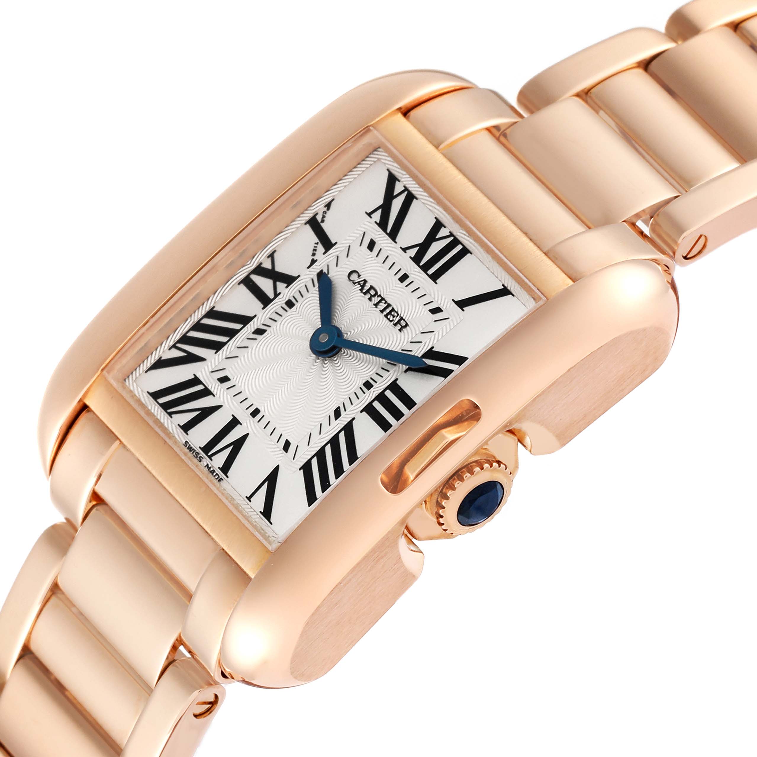 The image shows a close-up side angle of a Cartier Tank Anglaise W5310013 Women
s Rose Gold Silver Dial W5310013 Women
s Rose Gold Silver Dial watch, highlighting its face, crown, and part of the bracelet.