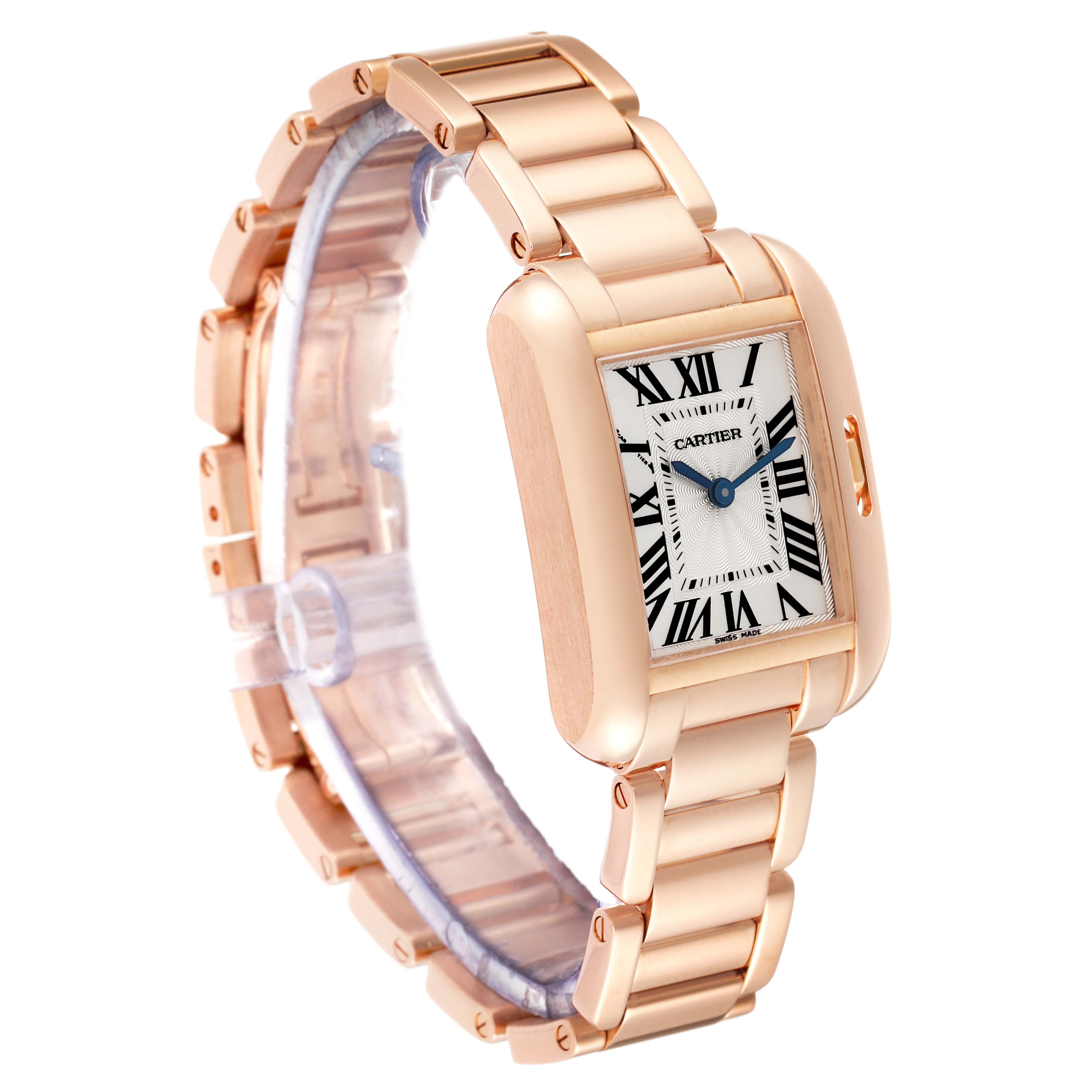 The image shows a Cartier Tank Anglaise W5310013 Women
s Rose Gold Silver Dial W5310013 Women
s Rose Gold Silver Dial watch from a front-left angle, highlighting its rectangular face and linked band.
