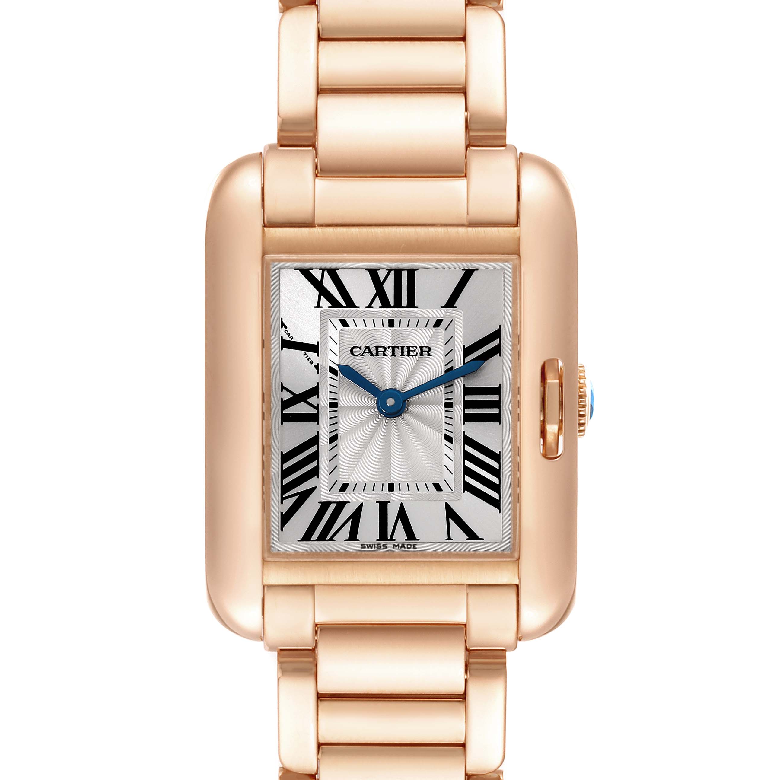 The image shows a front view of a Cartier Tank Anglaise W5310013 Women
s Rose Gold Silver Dial W5310013 Women
s Rose Gold Silver Dial watch, highlighting its face and part of the bracelet.